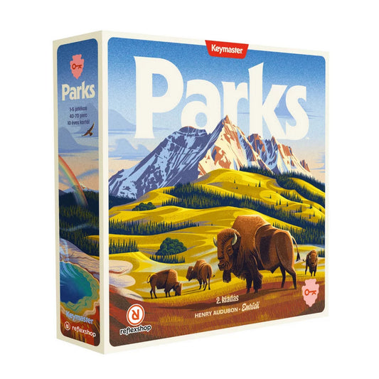 Parks társasjáték doboz, hegyvidéki táj illusztrációval, bölényekkel és nemzeti park hangulatú grafikával.