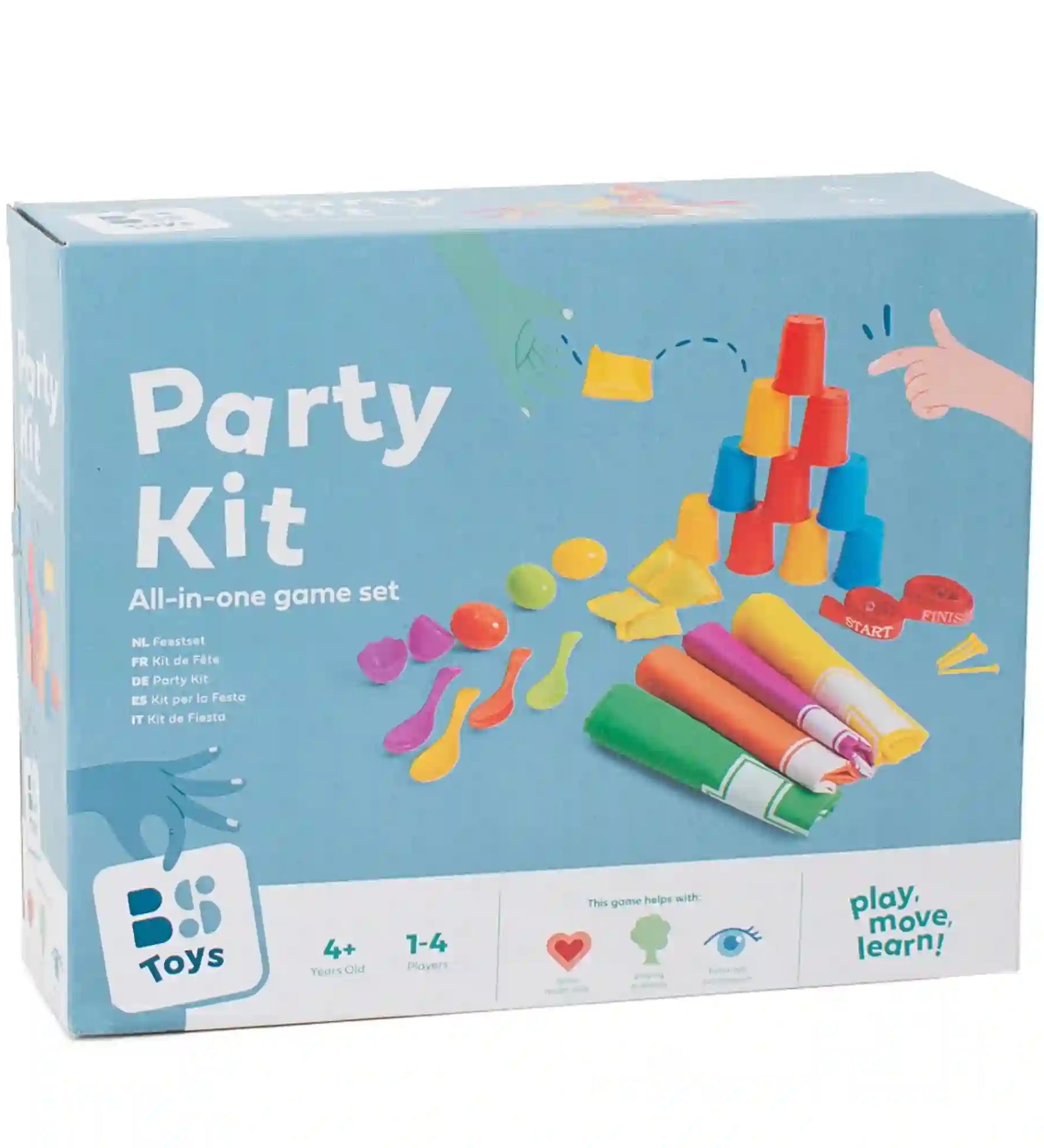 BS Toys Party Kit ügyességi játék doboza, többféle szabadtéri ügyességi játékkal egy készletben.
