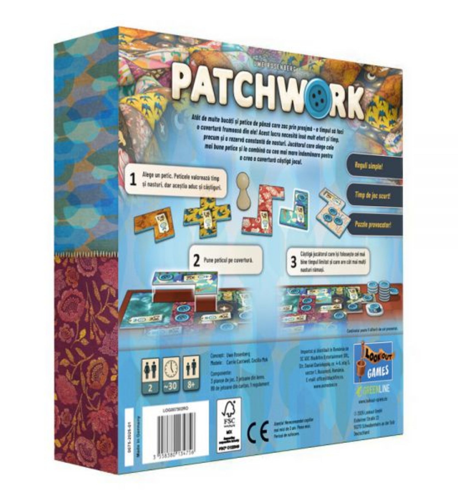 A Patchwork társasjáték doboza ferdén, látható a hátoldali leírás és a mintás oldal. 