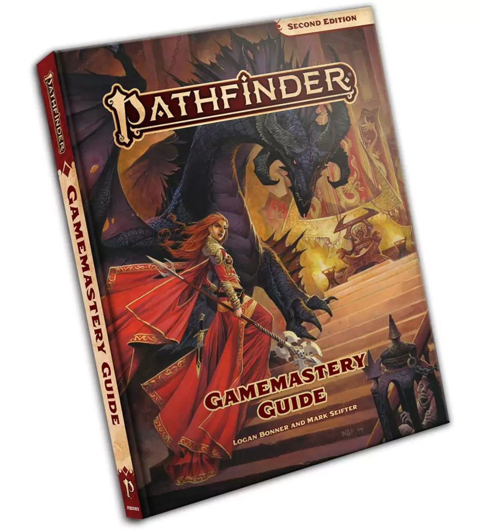 Pathfinder Gamemastery Guide szerepjáték könyv borító, fantasy jelenettel, vörös ruhás harcos nővel és hatalmas sárkánnyal háttérben.