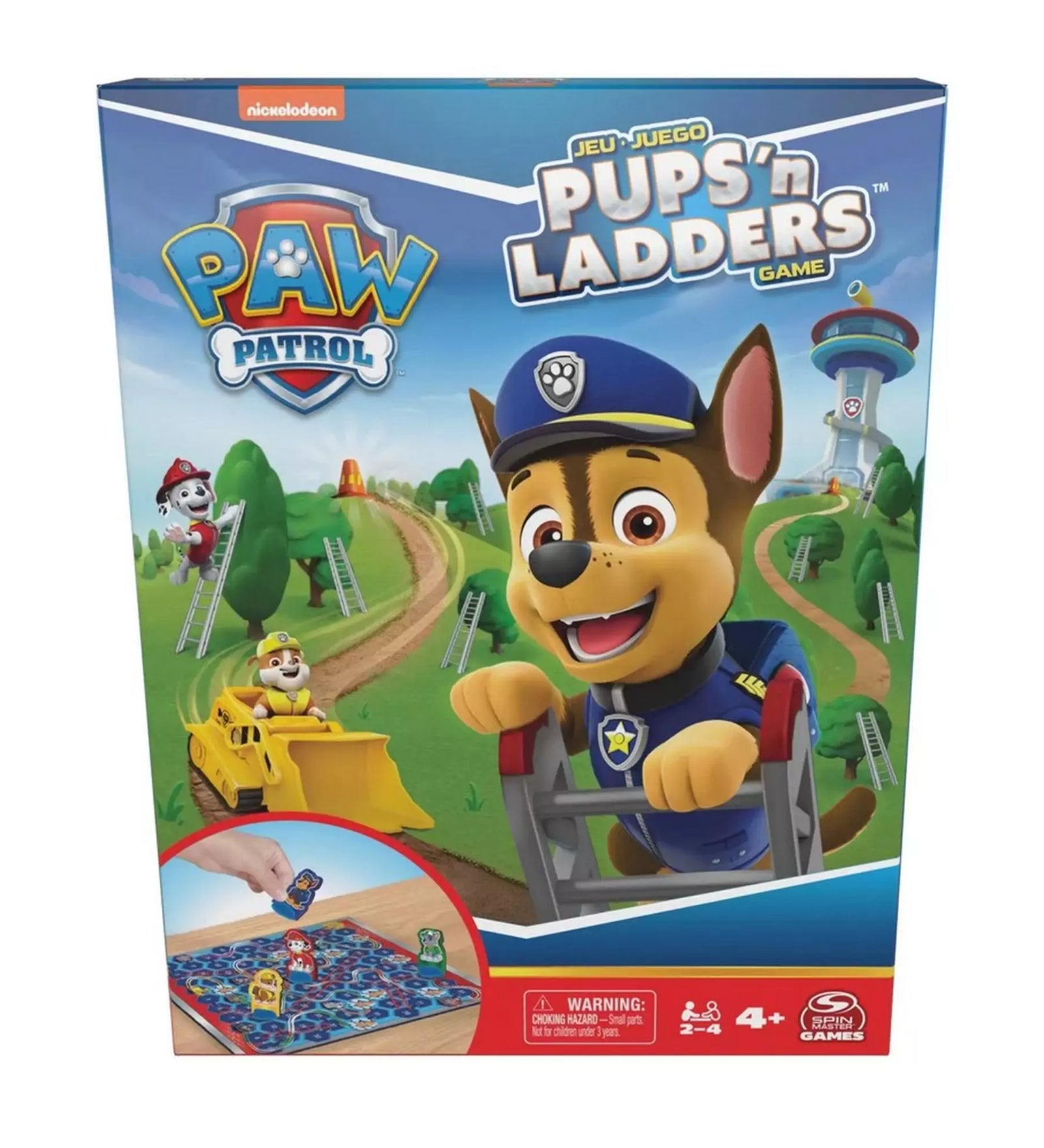 Paw Patrol (Mancs Őrjárat): Kutyusok és létrák társasjáték doboza. A borítón Chase, Marshall és Rubble látható, háttérben a kilátótoronnyal.