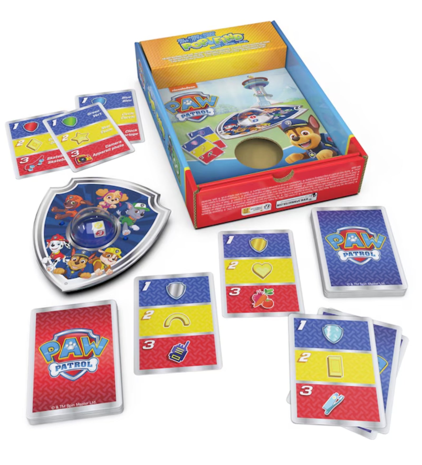 „A PAW Patrol Pop & Find játék tartalma: pajzs alakú pop-it panel, kártyapakli és többféle színes feladatkártya a doboz mellett.”