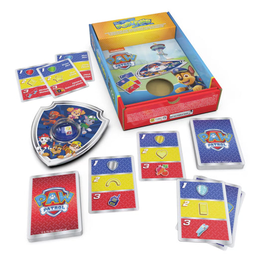 „A PAW Patrol Pop & Find játék tartalma: pajzs alakú pop-it panel, kártyapakli és többféle színes feladatkártya a doboz mellett.”