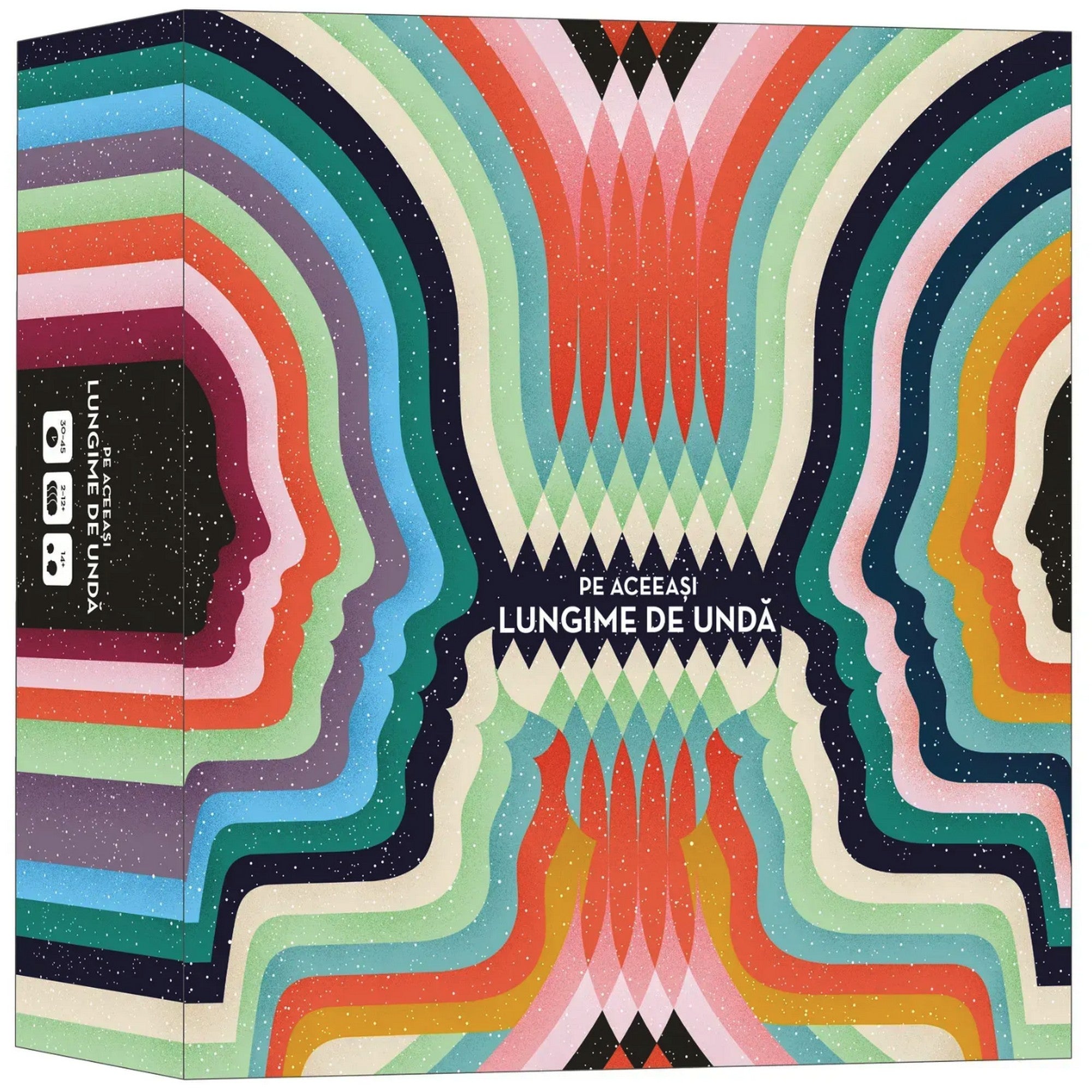 Pe aceeași lungime de undă társasjáték doboza, színes, hullámszerű grafikai mintával és arcprofil illusztrációkkal.