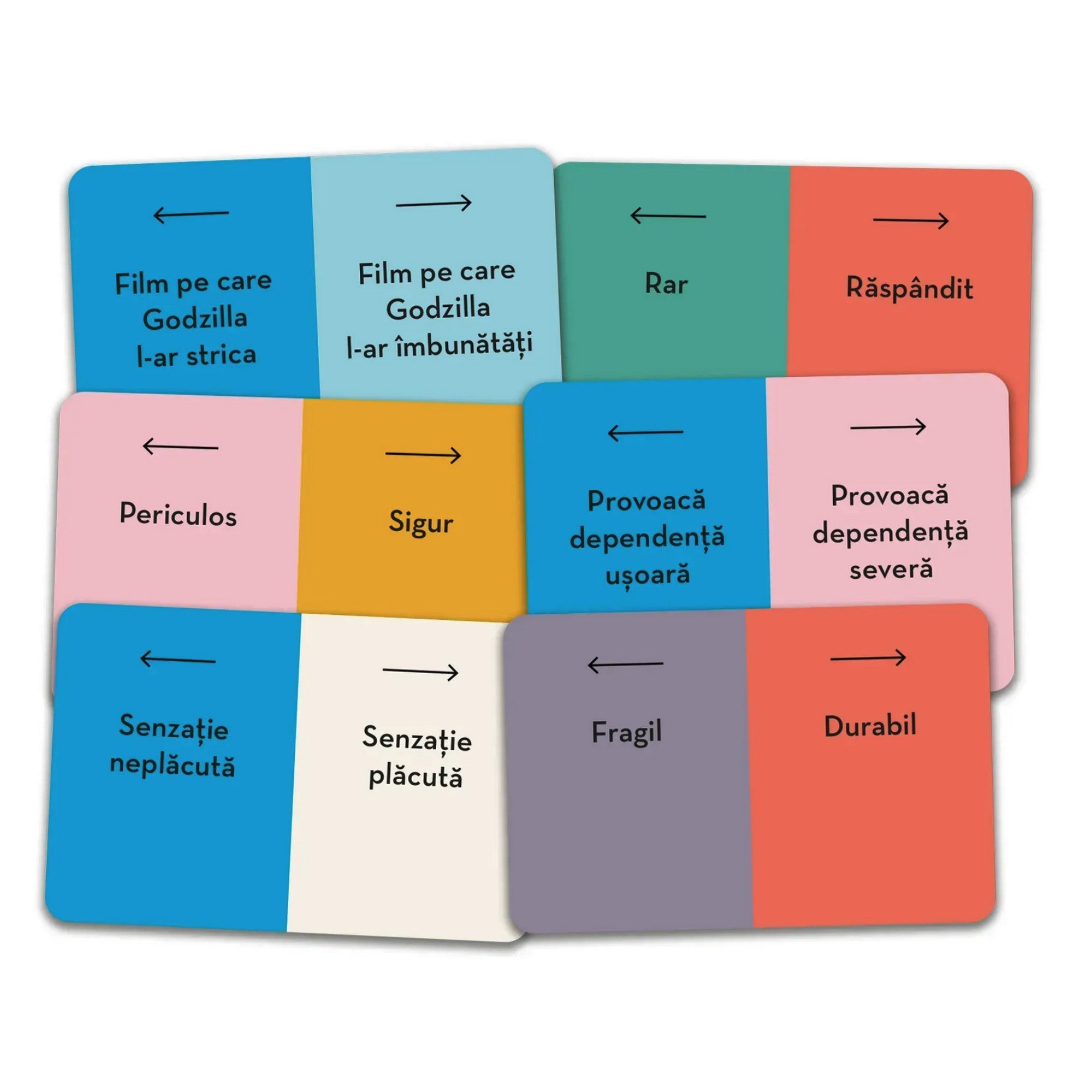 Pe aceeași lungime de undă társasjáték színes fogalomkártyái, ellentétpárokkal és irányjelző nyilakkal.