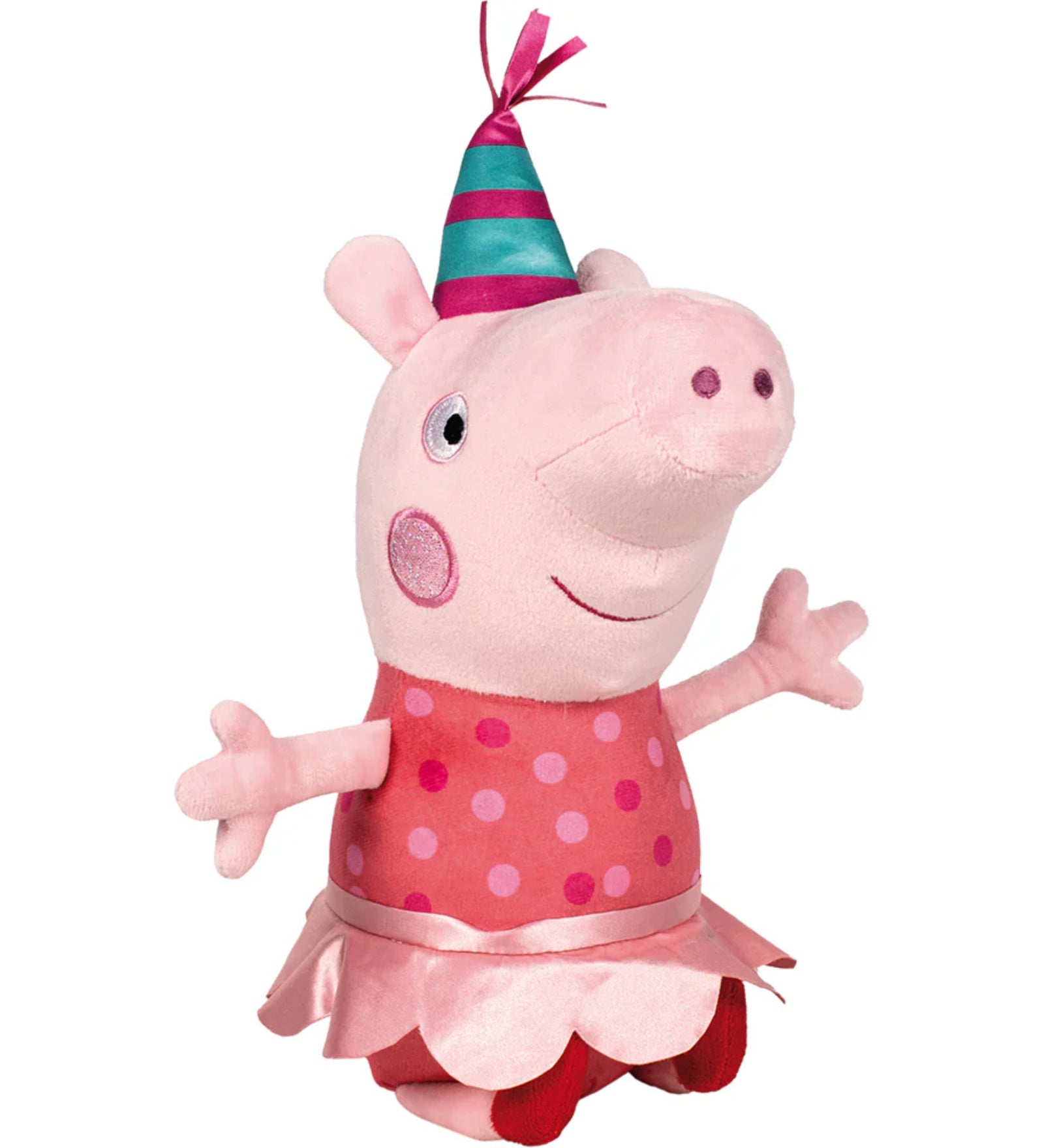 Peppa malac plüssfigura színes, csíkos szülinapi sapkában és piros pöttyös ruhában, mosolygó arccal és kitárt karokkal, puha anyagból készült játékfigura.