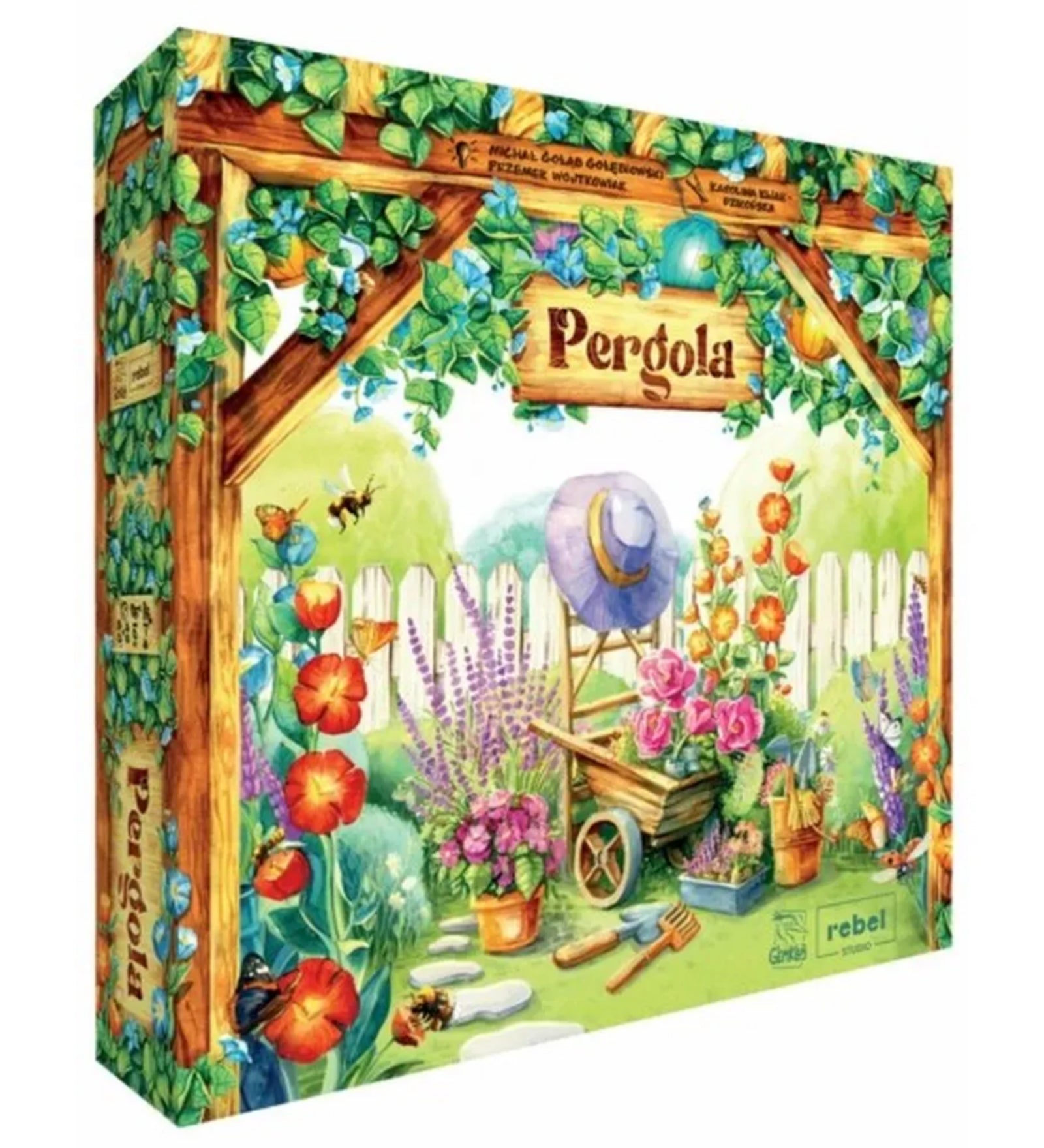 A Pergola társasjáték színes doboza, amelyen egy hangulatos virágos kert látható pergolával, kerti szerszámokkal, virágzó növényekkel és rovarokkal. színes doboza, amelyen egy hangulatos virágos kert látható pergolával, kerti szerszámokkal, virágzó növényekkel és rovarokkal.