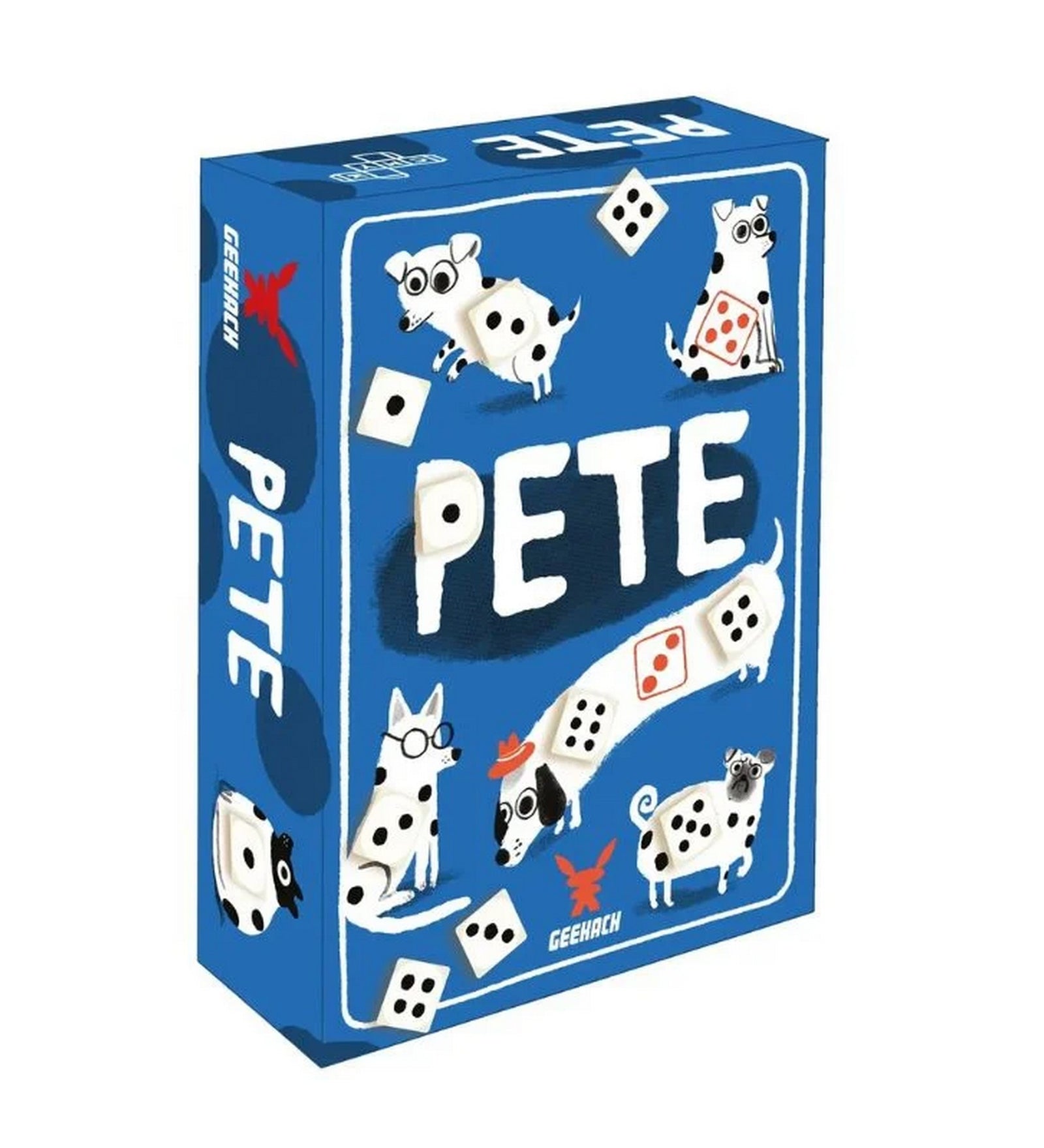 PETE társasjáték doboza, kék csomagolás vidám, pöttyös kutyás grafikával és dobókockákkal.
