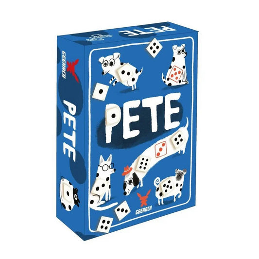 PETE társasjáték doboza, kék csomagolás vidám, pöttyös kutyás grafikával és dobókockákkal.
