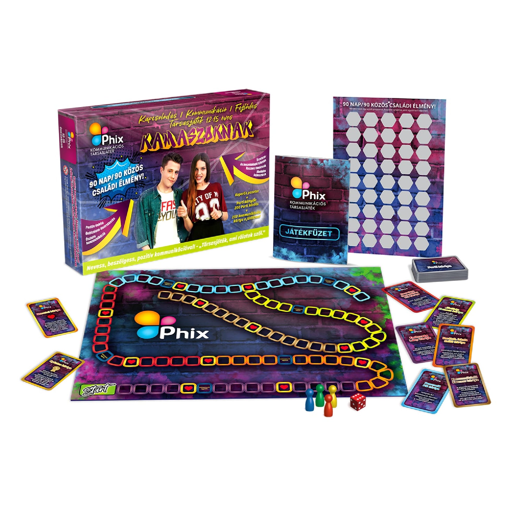 Phix kommunikációs társasjáték kamaszoknak dobozzal és teljes játéktartalommal: játéktábla, kártyák, figurák és játékkiegészítők