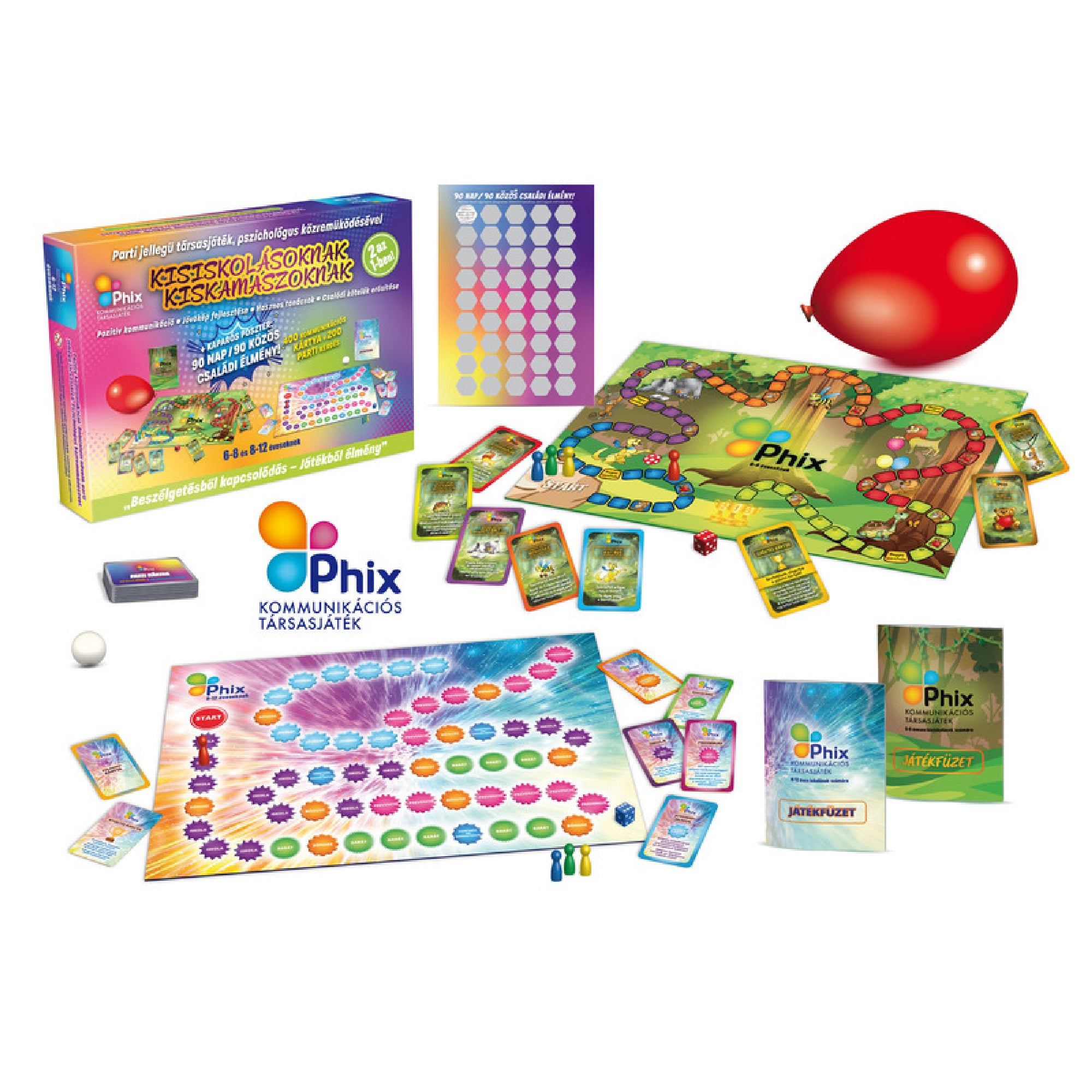 Phix kommunikációs társasjáték teljes tartalma kiterítve: játéktáblák, kártyák, figurák, dobókocka és játékkiegészítők