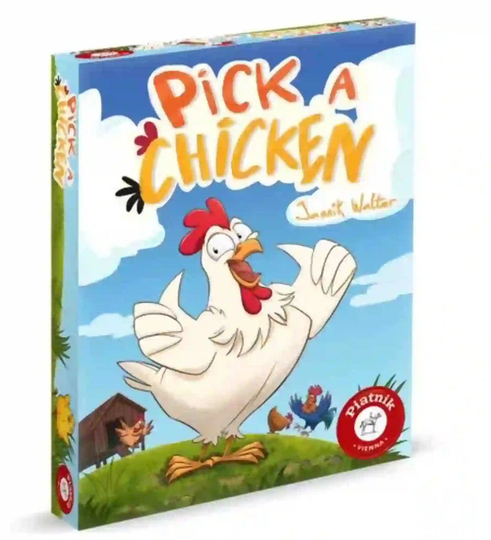 A Pick a Chicken társasjáték doboza egy vidám, rajzolt tyúkkal a középpontban, amely egy farm udvarán áll. A színes grafika játékos hangulatot áraszt, a háttérben tyúkól, csibék és kakasok láthatók, utalva a gyors megfigyelésre és memóriára épülő játék témájára.