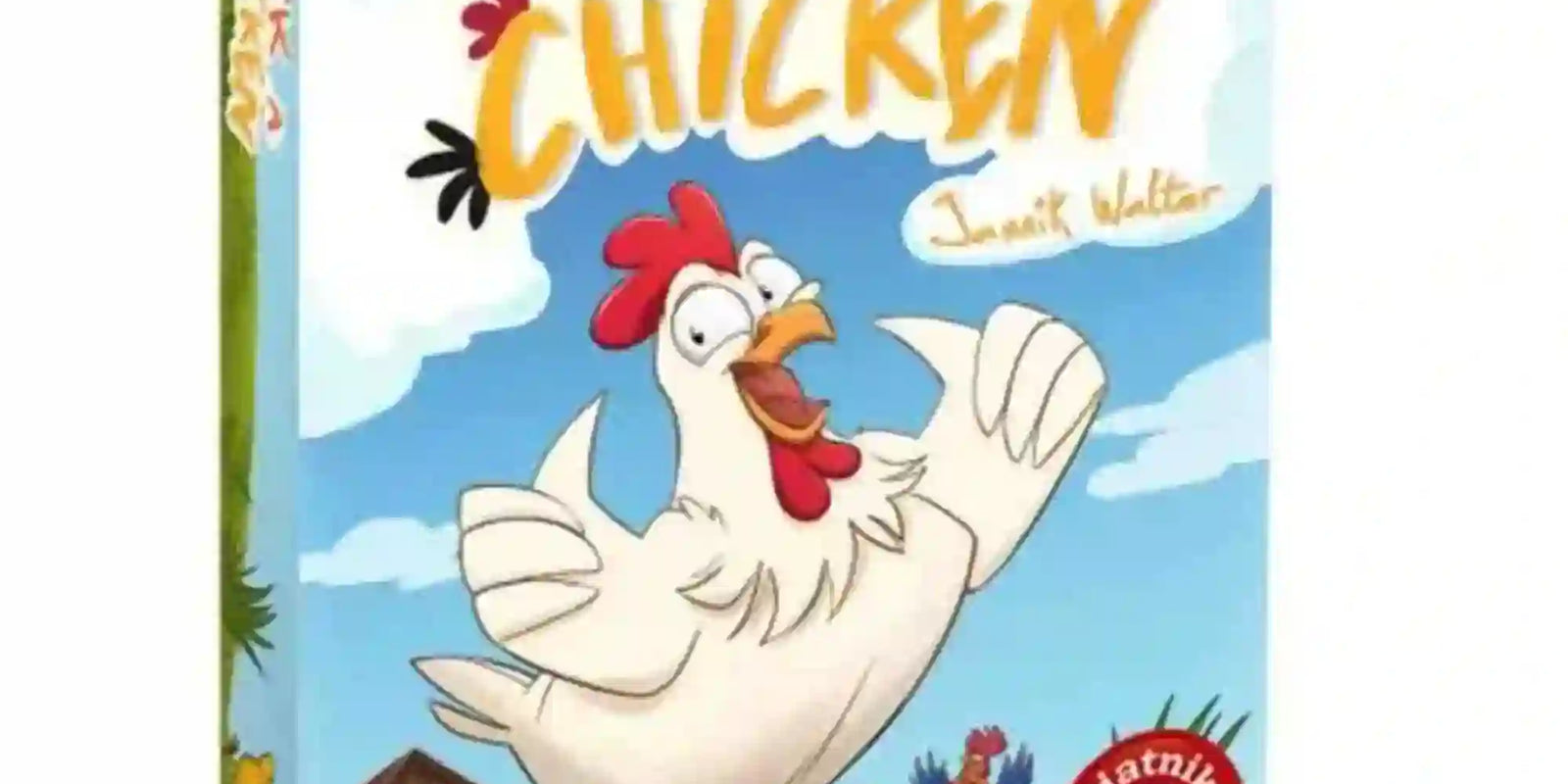 A Pick a Chicken társasjáték doboza egy vidám, rajzolt tyúkkal a középpontban, amely egy farm udvarán áll. A színes grafika játékos hangulatot áraszt, a háttérben tyúkól, csibék és kakasok láthatók, utalva a gyors megfigyelésre és memóriára épülő játék témájára.
