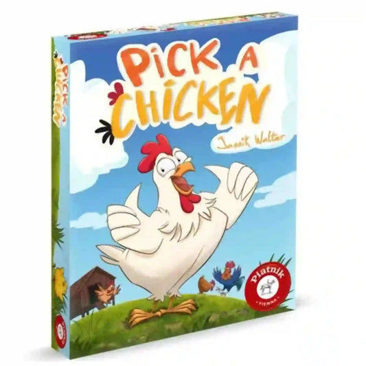 A Pick a Chicken társasjáték doboza egy vidám, rajzolt tyúkkal a középpontban, amely egy farm udvarán áll. A színes grafika játékos hangulatot áraszt, a háttérben tyúkól, csibék és kakasok láthatók, utalva a gyors megfigyelésre és memóriára épülő játék témájára.