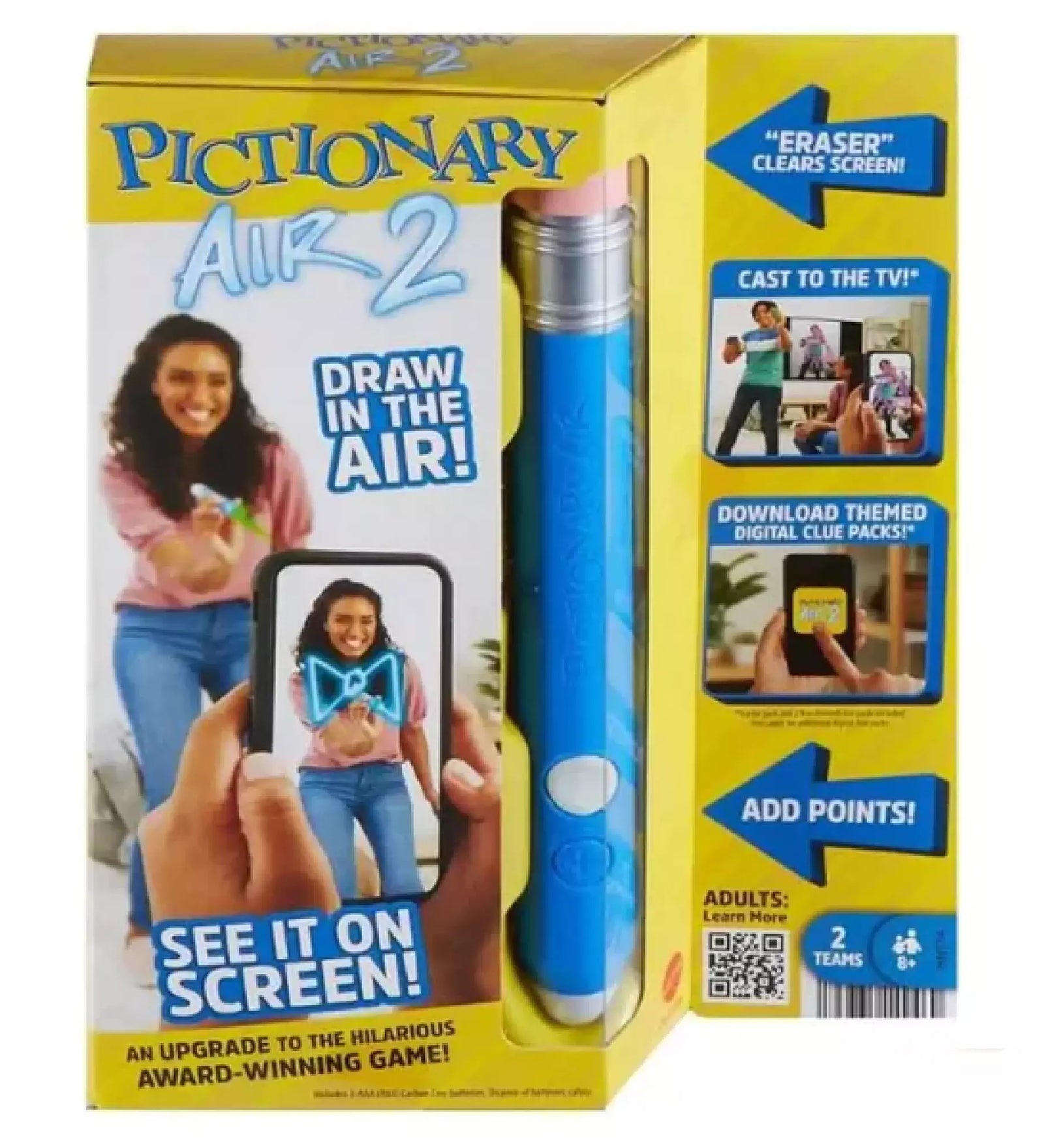 A Pictionary Air 2 játék doboza, amely bemutatja a játékot, a kiegészítőket és a funkciókat, például a "Draw in the Air" funkciót.