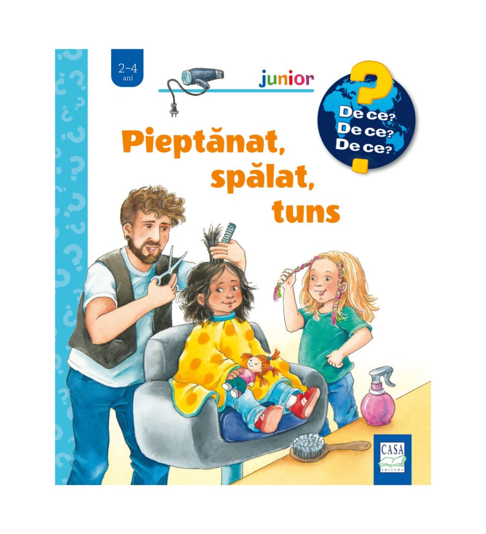 „Pieptănat, spălat, tuns” gyerekkönyv borítója, amelyen egy fodrász vágja egy kislány haját a szalonban, mellette másik kislány fésűvel játszik, az asztalon hajápoló eszközökkel.