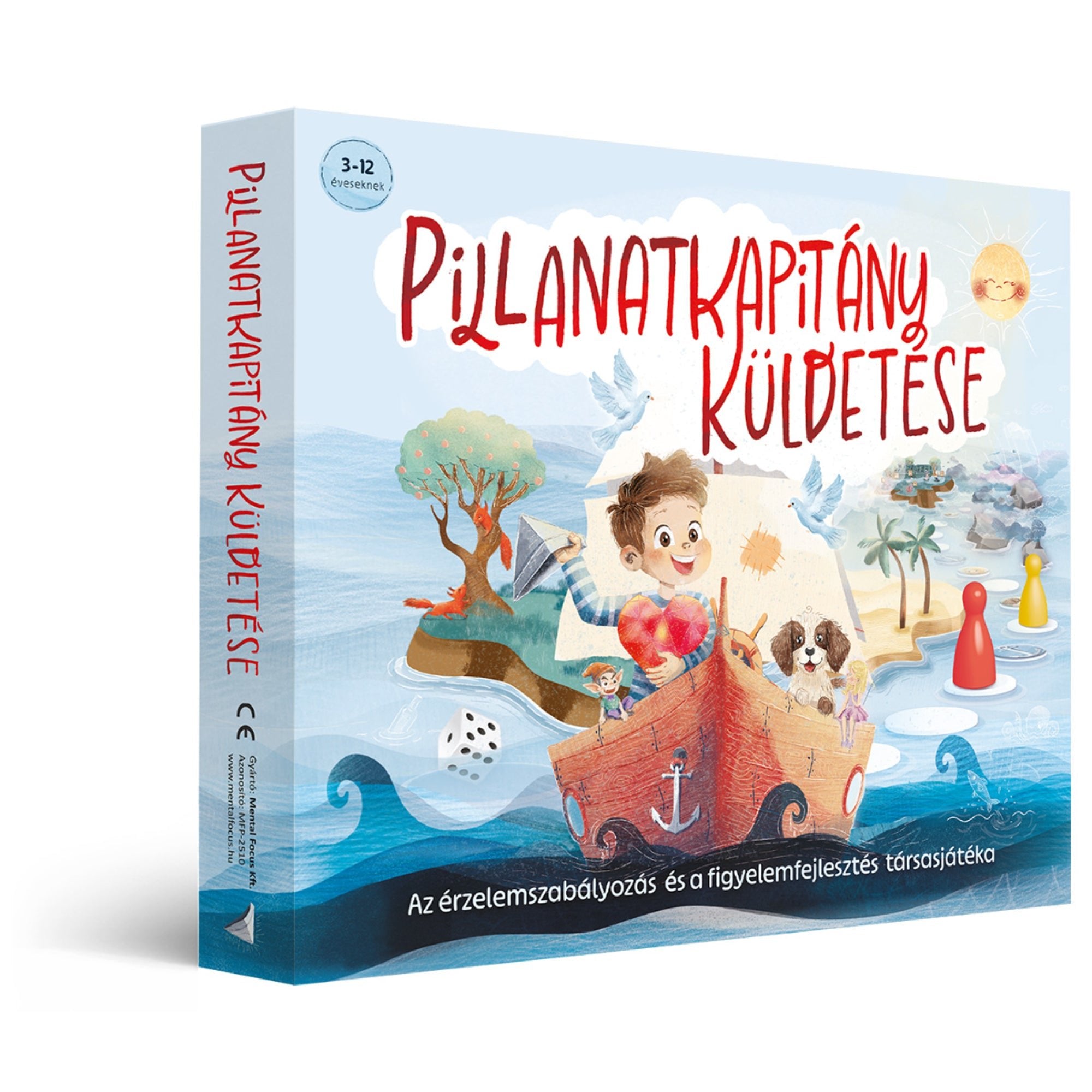 Pillanatkapitány küldetése társasjáték doboza, érzelemszabályozást és figyelemfejlesztést segítő gyerekjáték 3–12 éveseknek.