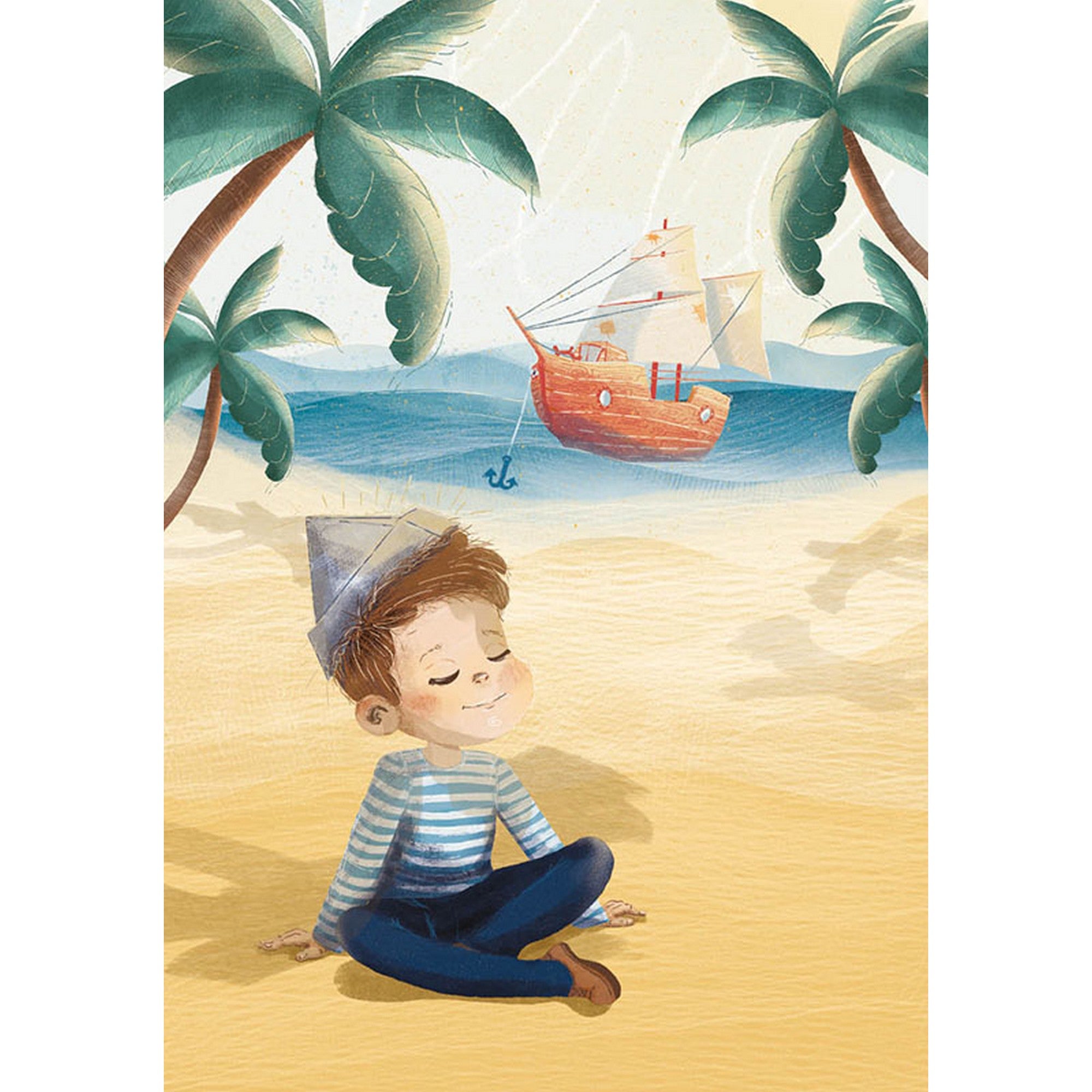 Pillanatkapitány illusztráció: kisfiú ül a homokban, háttérben pálmafák és egy vitorlás hajó a tengeren.