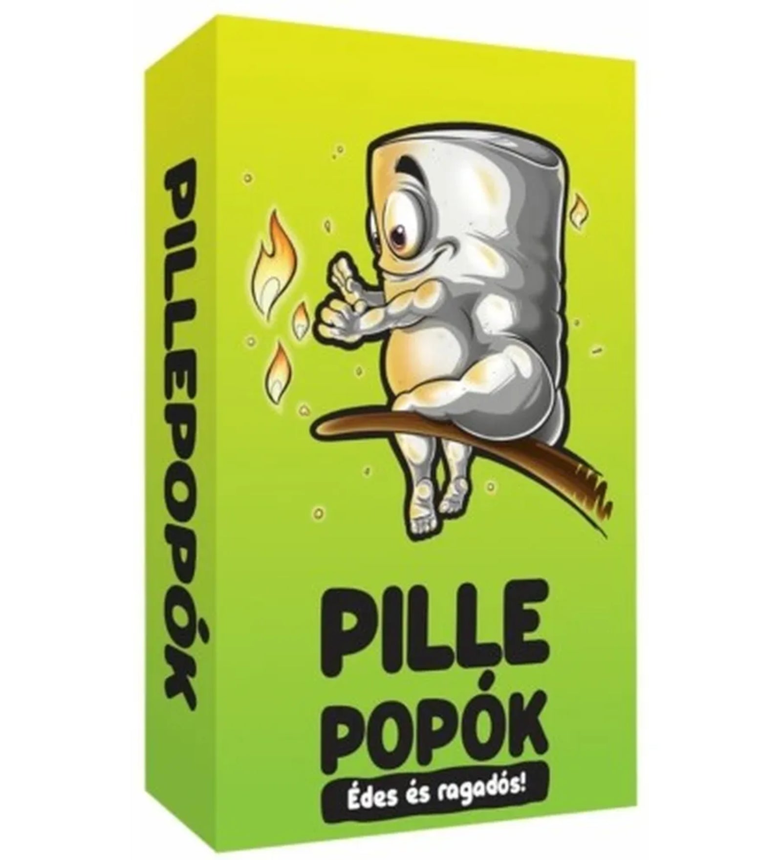 Dobozkép a Pillepopók társasjátékról: zöld háttéren egy groteszk pillecukorfigura ül nyársra húzva, miközben kezével a tűz fölé nyúl, alatta a játék logója és szlogenje („Édes és ragadós!”).