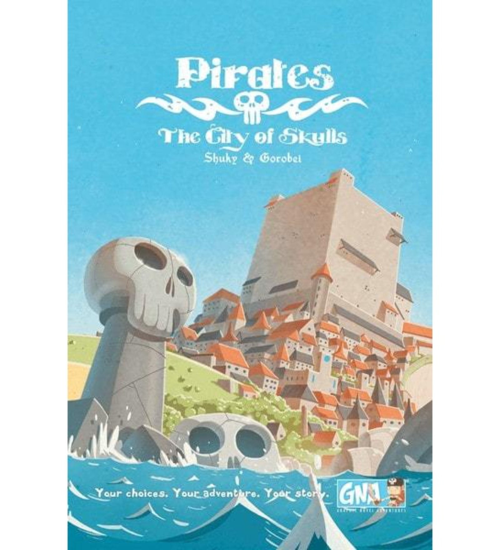 Pirates The City of Skulls társasjáték borító, tengerből kiemelkedő koponya alakú sziklák és egy dombon álló erődített város, háttérben nagy toronnyal és kék égbolttal.