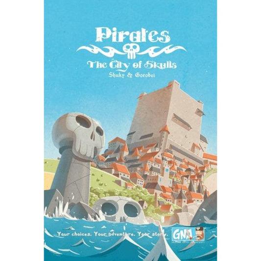 Pirates The City of Skulls társasjáték borító, tengerből kiemelkedő koponya alakú sziklák és egy dombon álló erődített város, háttérben nagy toronnyal és kék égbolttal.