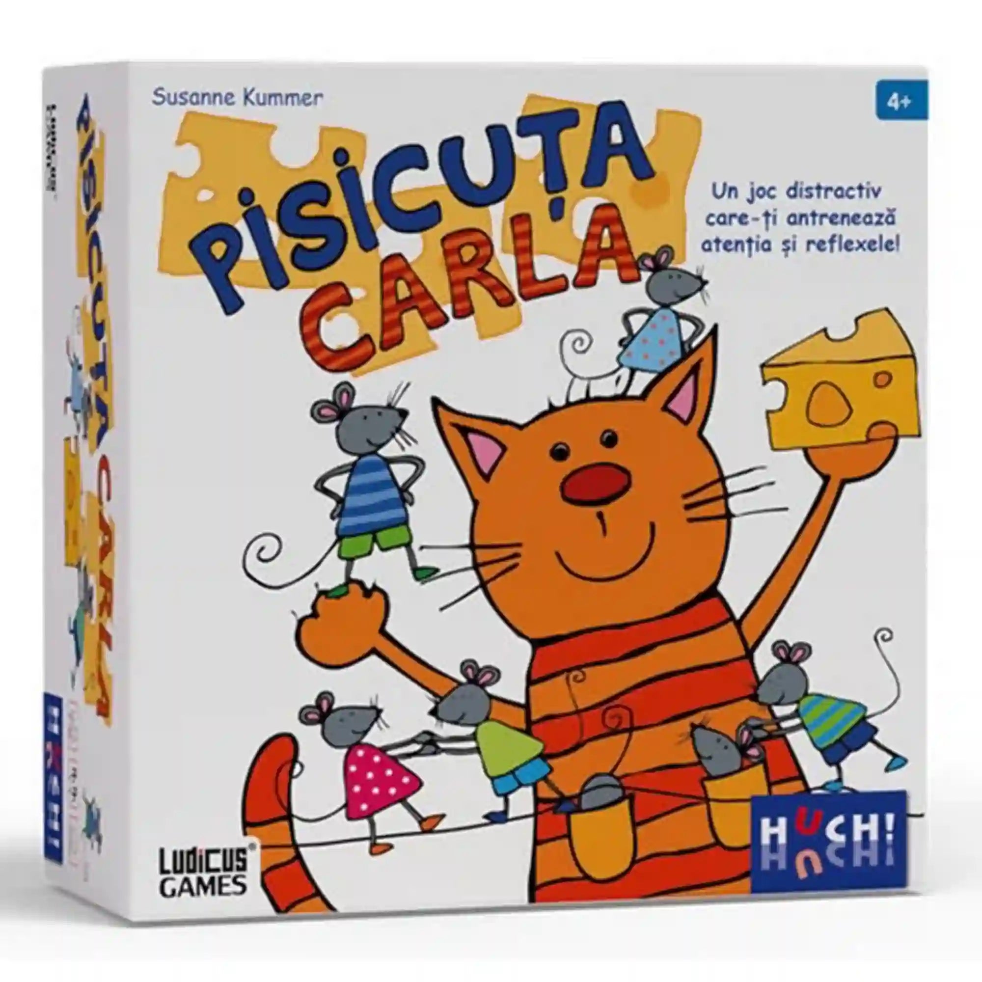 Pisicuța Carla társasjáték doboza vidám macskás és egérkés illusztrációval, gyors reflexeket fejlesztő gyerekjátékkal.