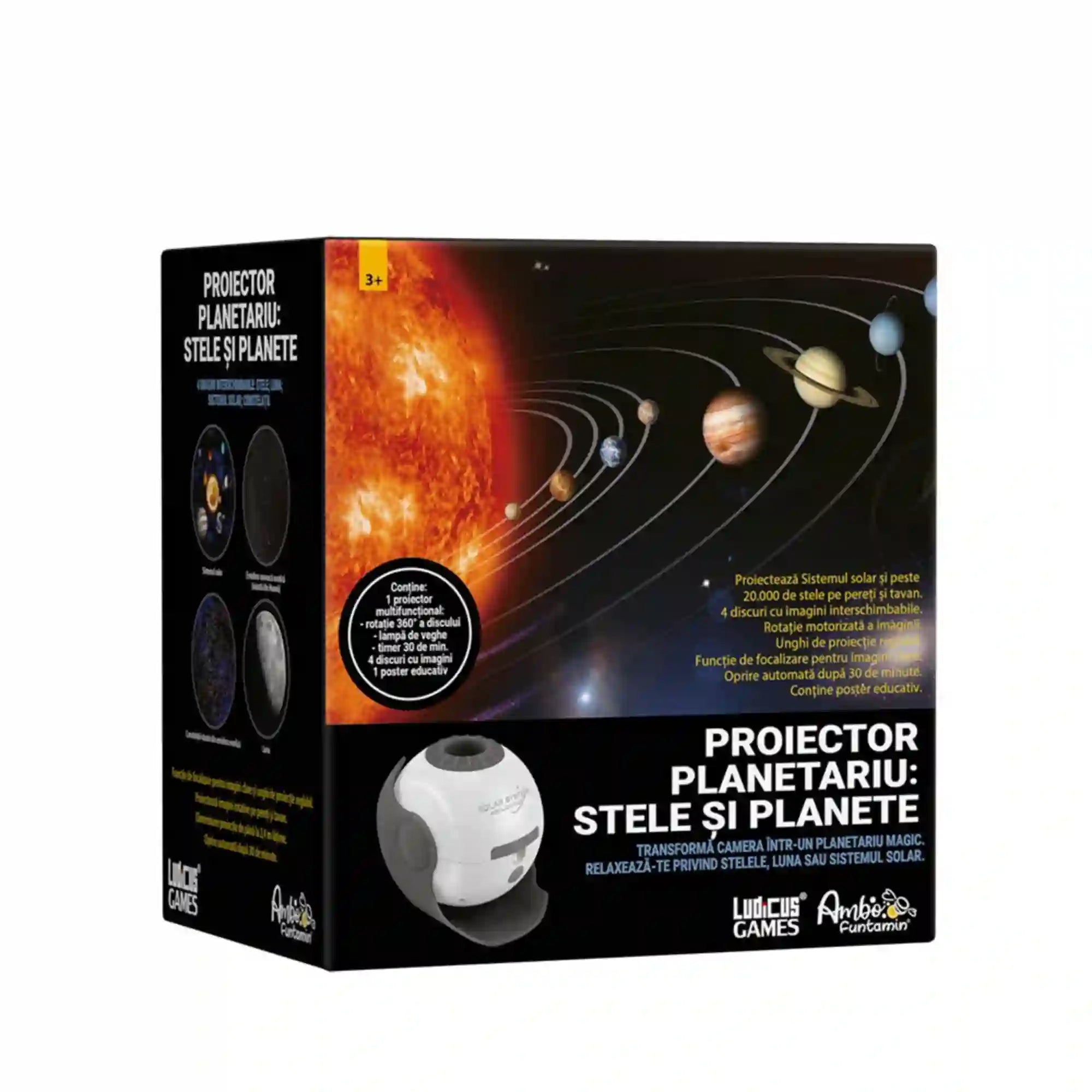 Planetárium projektor: Csillagok és bolygók, fókuszállítással és motoros forgatással. Fekete termékdoboz Naprendszer-illusztrációval, bolygókkal, csillagokkal és fehér projektorral.