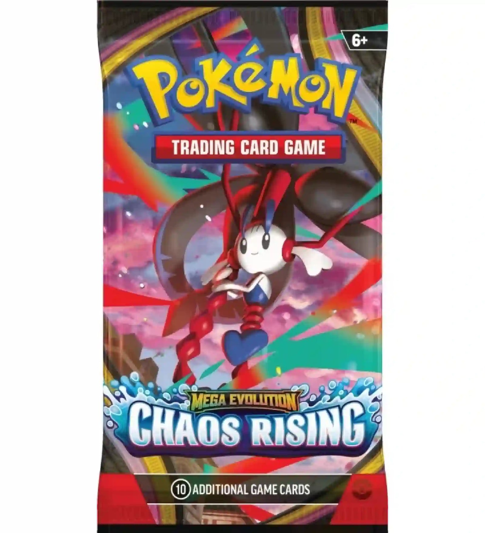 Pokémon TCG: Mega Evolution Chaos Rising booster csomag Mesprit karakteres borítóval és 10 additional game cards felirattal.