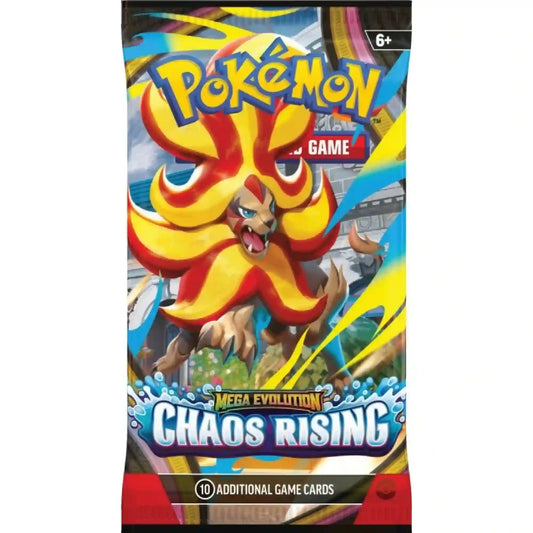 Pokémon TCG: Mega Evolution Chaos Rising booster csomag tűzoroszlán Pokémon grafikával és látványos kék-sárga dizájnnal.