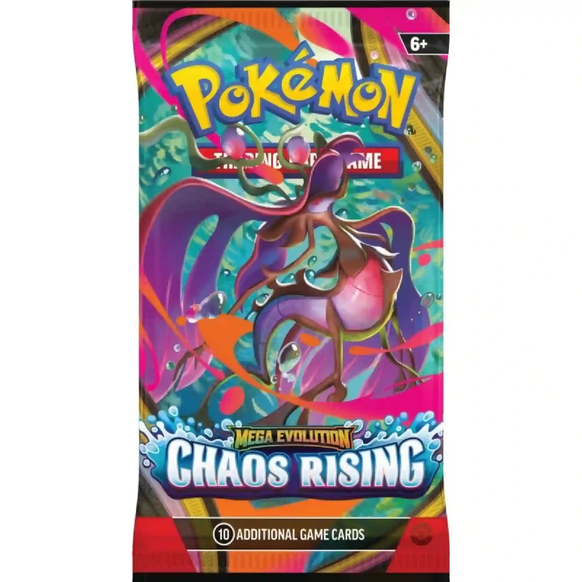 Pokémon TCG: Mega Evolution Chaos Rising booster csomag tengeri növény Pokémon illusztrációval és élénk pink-türkiz háttérrel.