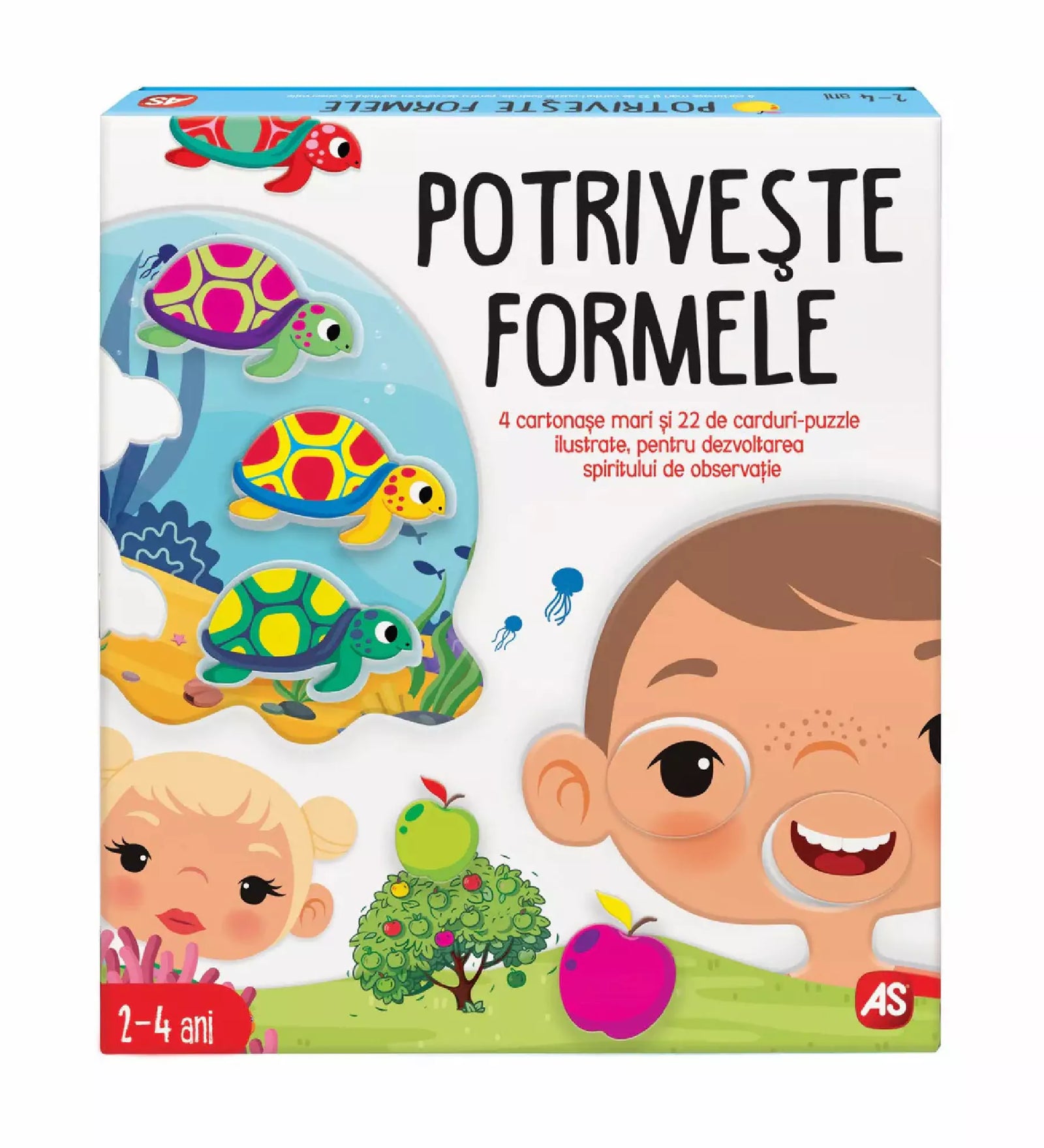 Potrivește Formele játék doboza, melyen teknősök, almafa és mosolygó gyerekek szerepelnek.