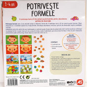 Potriveste Formele – a sérult doboz hátoldala, játékszabály és tartalom bemutatásával, illusztrált példákkal.