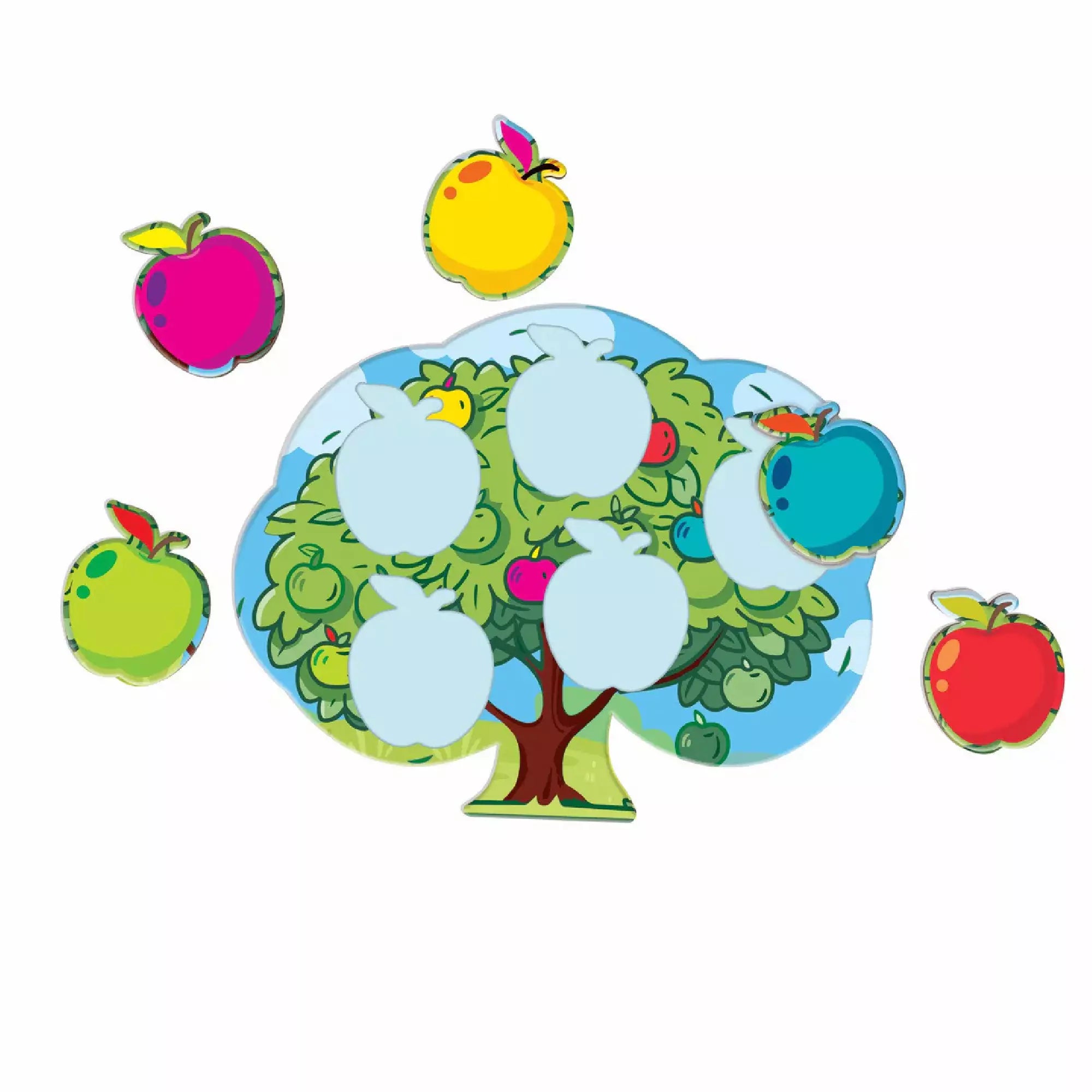 Potriveste Formele – almafás kartonlap gyümölcs alakú puzzle-elemekkel, vidám színekkel.