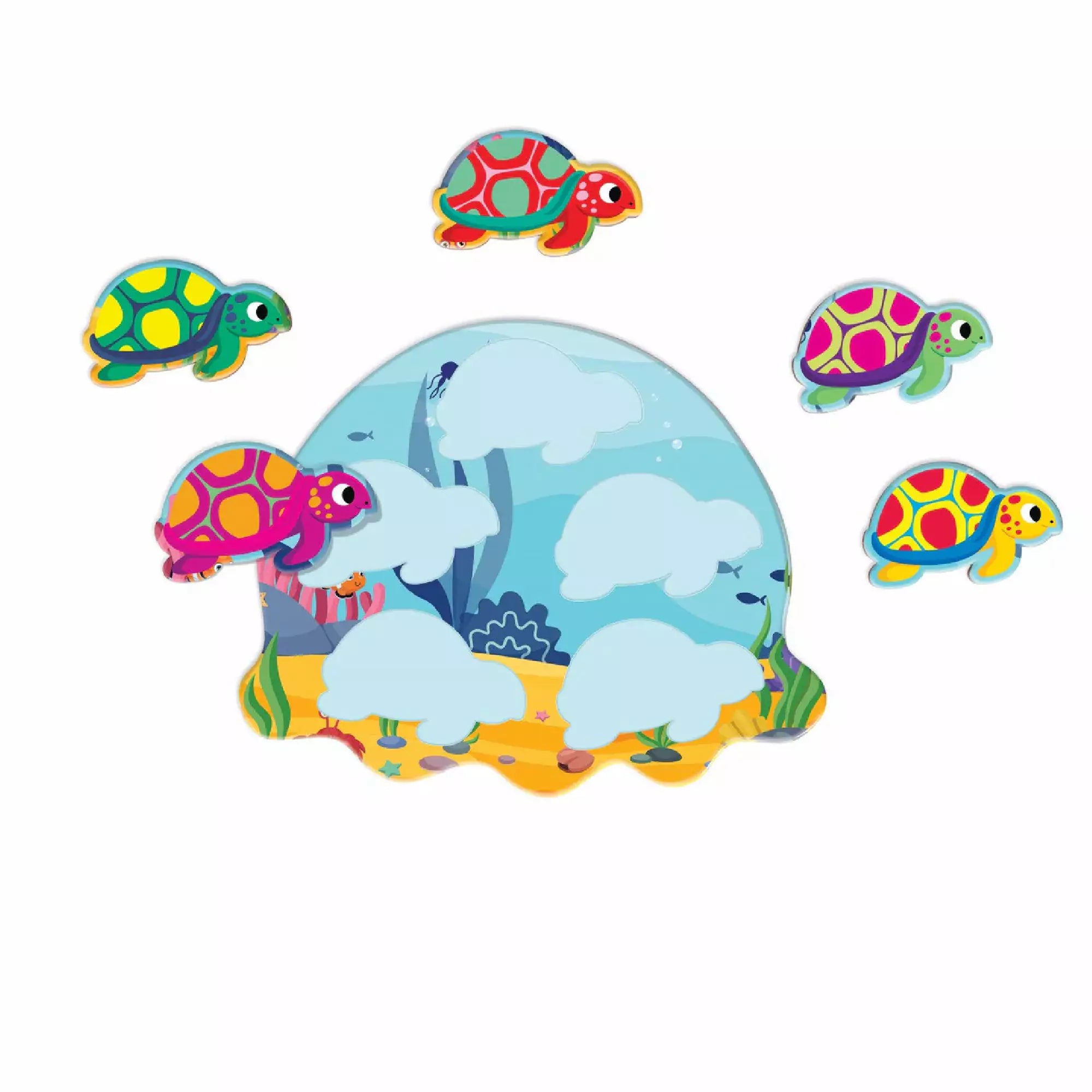 Potriveste Formele – teknősös kartonlap színes, kivehető formákkal, tengeri jelenetes illusztrációval.