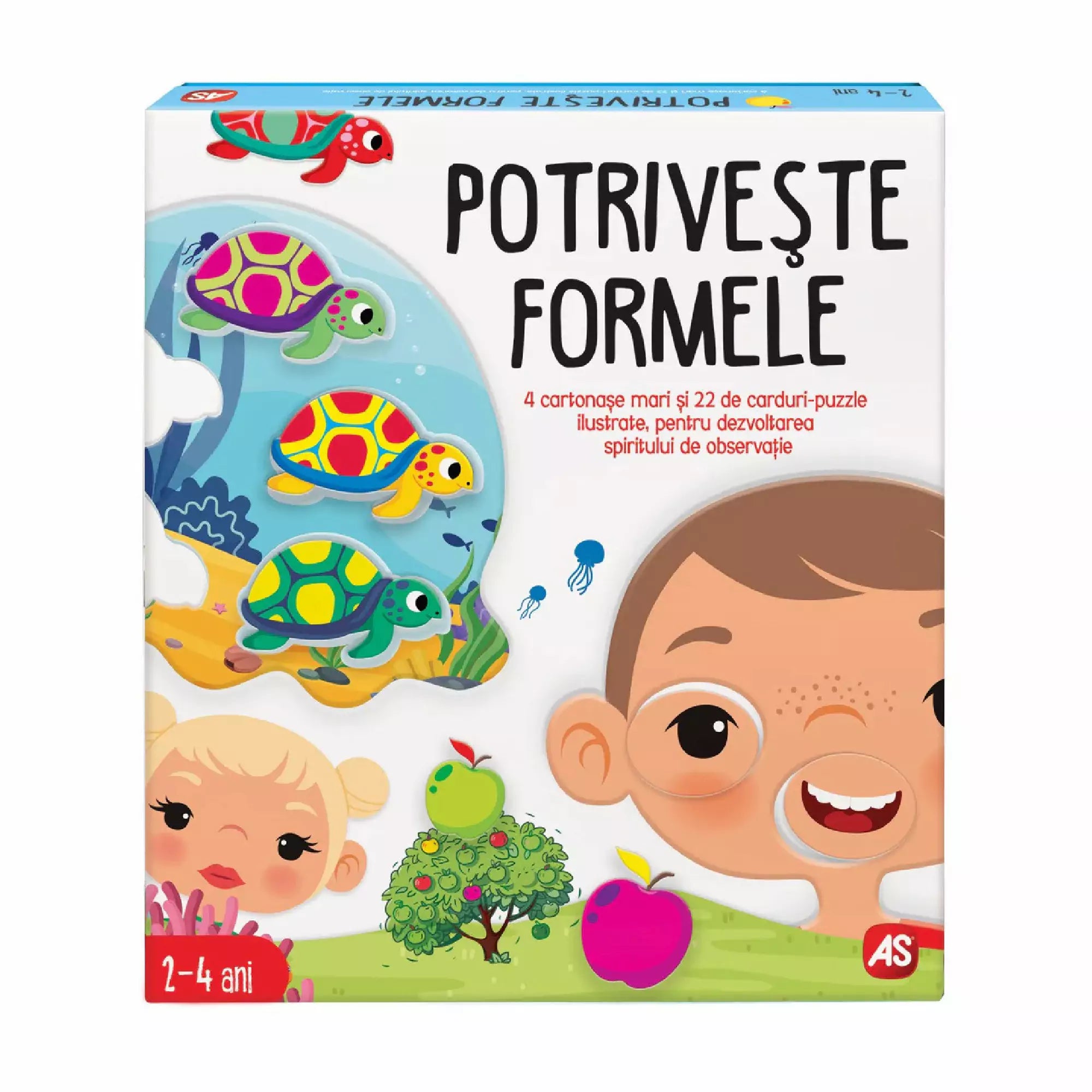 Potriveste Formele – a játék dobozának előlapja, formapárosító fejlesztőjáték 2–4 éveseknek.