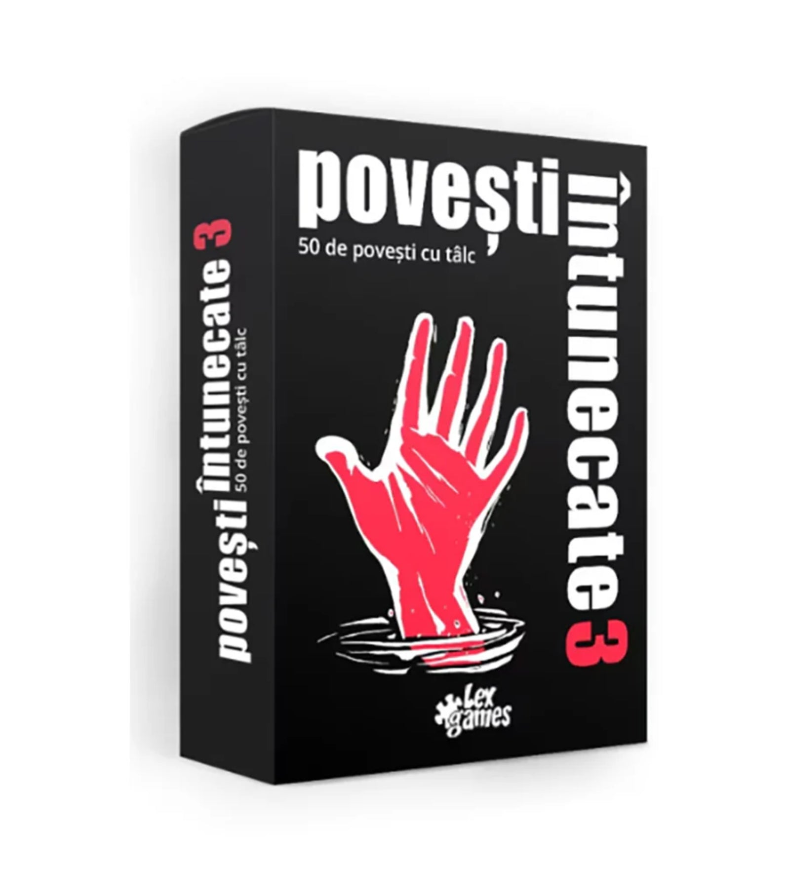A Povești Întunecate 3 társasjáték doboza, fekete háttéren vízből kinyúló vörös kéz illusztrációjával. A játék 50 tanulságos, sötét történetet tartalmaz.