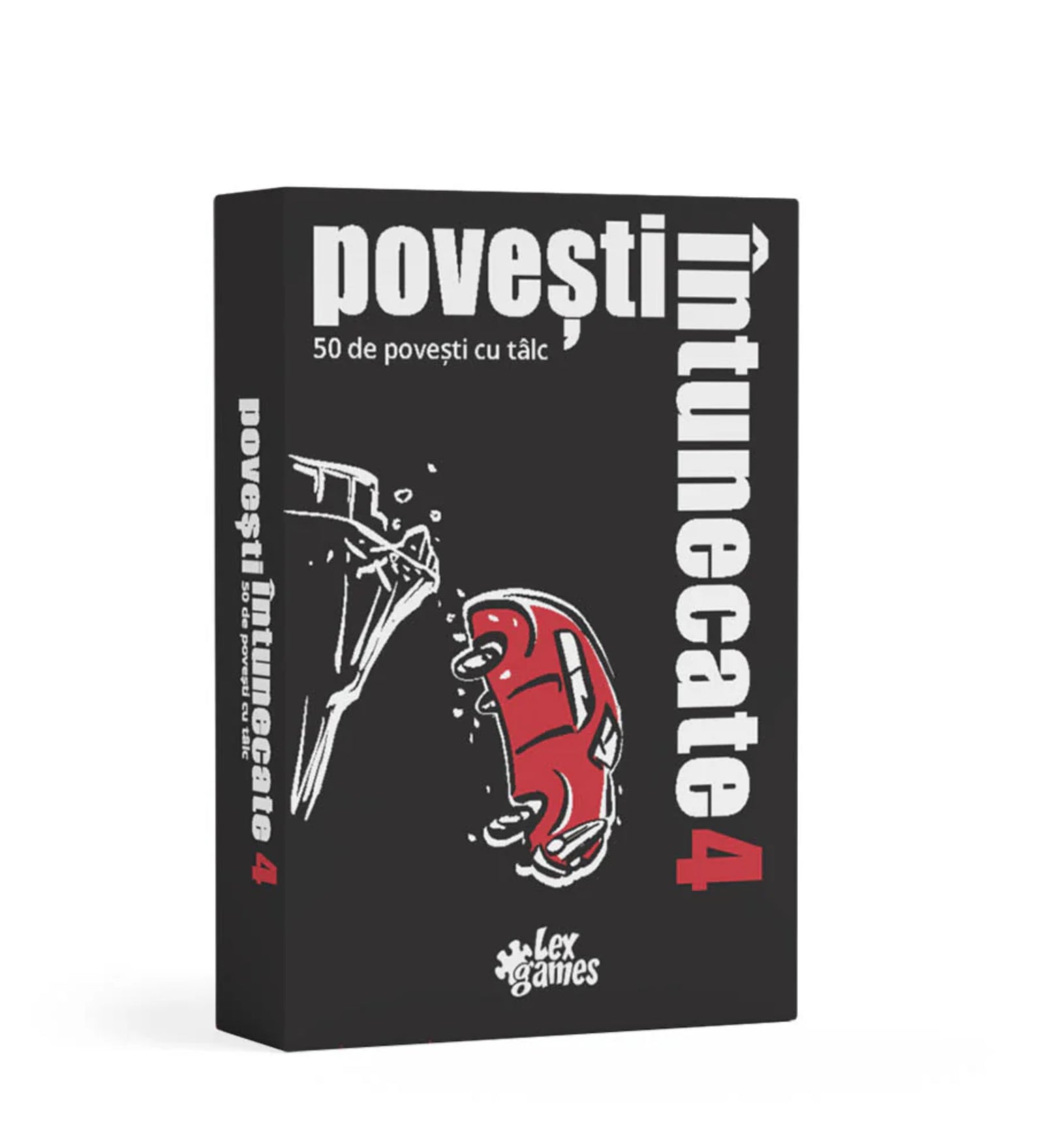 A Povești Întunecate 4 társasjáték doboza, fekete alapon fehér és piros illusztrációval, amely egy autó zuhanását ábrázolja. A játék 50 tanulságos, sötét történetet tartalmaz.