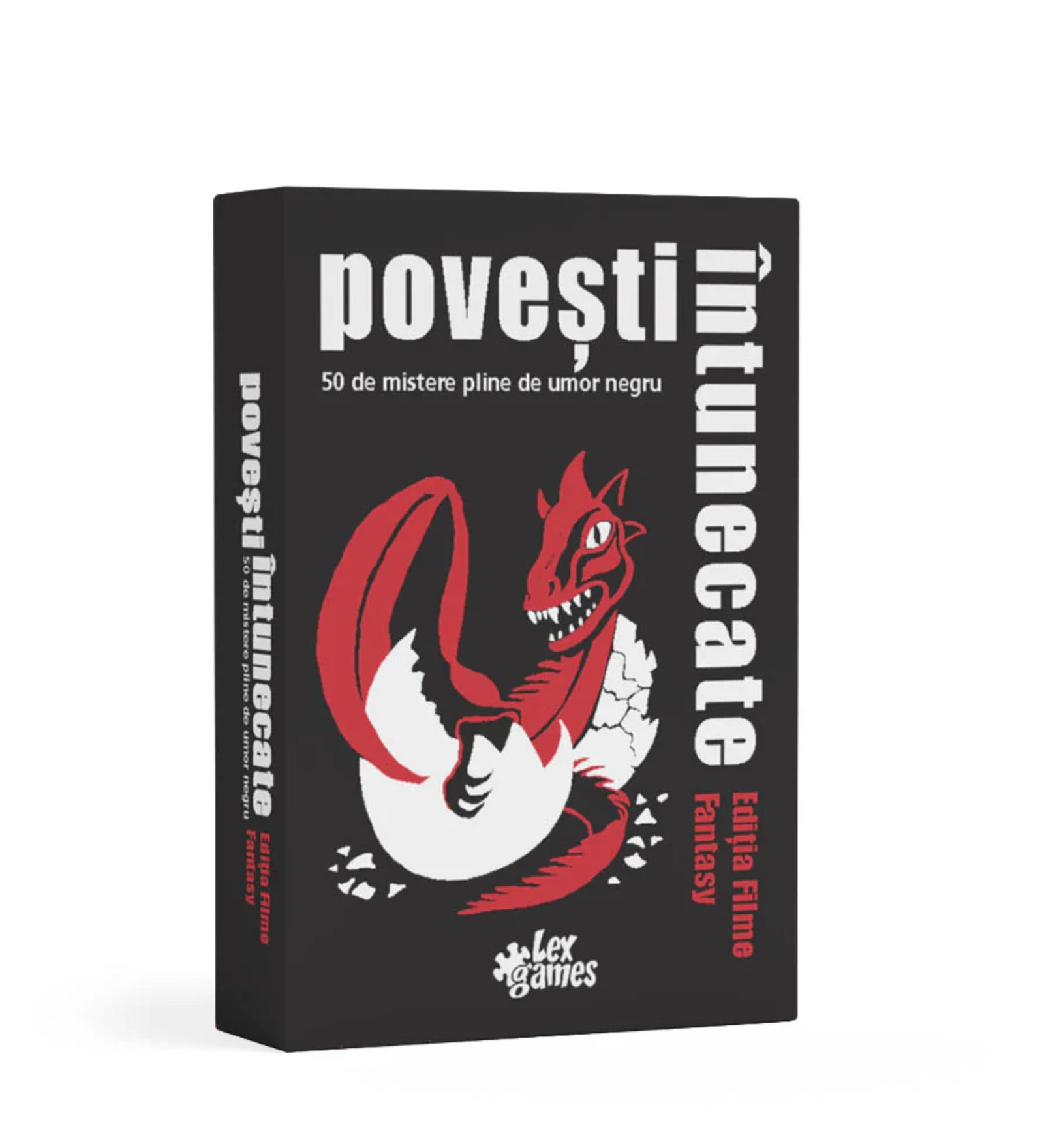A Povești Întunecate – Ediția Filme Fantasy társasjáték doboza, fekete háttéren piros-fehér grafikával, amelyen egy gonosz kinézetű, tojásból kikelt sárkány látható. A játék 50 fekete humorral átszőtt, fantasy-filmek ihlette rejtéllyel szórakoztat.
