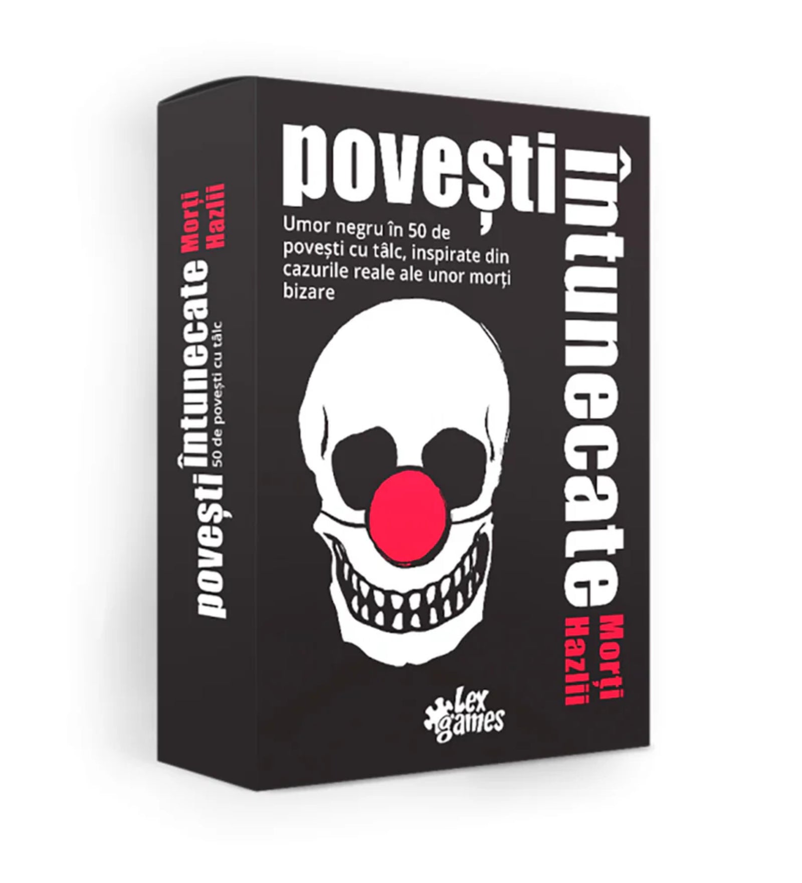 A Povești Întunecate Morți Hazlii társasjáték doboza, amelyen egy piros bohócorrot viselő koponya látható – fekete humorral átszőtt, bizarr haláleseteken alapuló 50 tanulságos történetet tartalmaz.