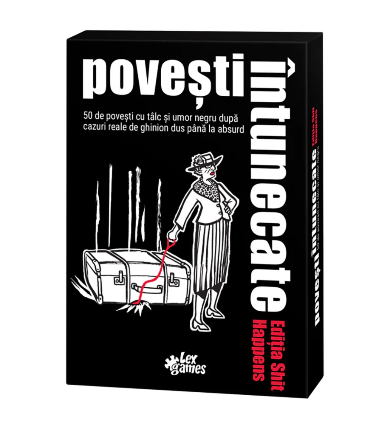 A Povești Întunecate Shit Happens társasjáték doboza, amelyen egy idős nő húz maga után egy vérnyomot hagyó bőröndöt – a fekete humorral átszőtt sorozat ezen kiadása 50 abszurd balszerencsés, valós eseteken alapuló történetet tartalmaz.
