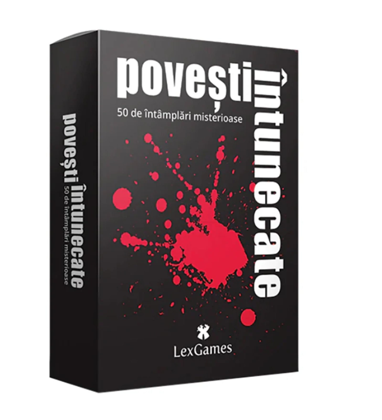 A Povești Întunecate társasjáték doboza, amelyen vérfröccsenéses mintázat látható – a játék 50 rejtélyes, sötét történetet tartalmaz.