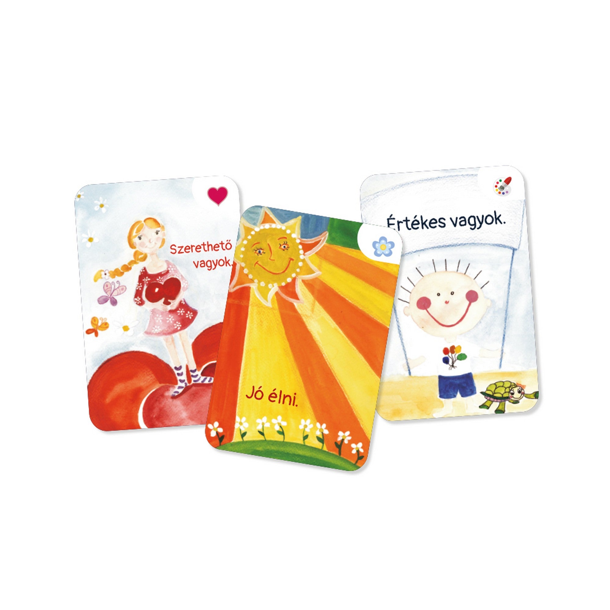 Pozitív gyerek vagyok pozitív megerősítést tartalmazó kártyák, például „Szerethető vagyok”, „Jó élni” és „Értékes vagyok”.