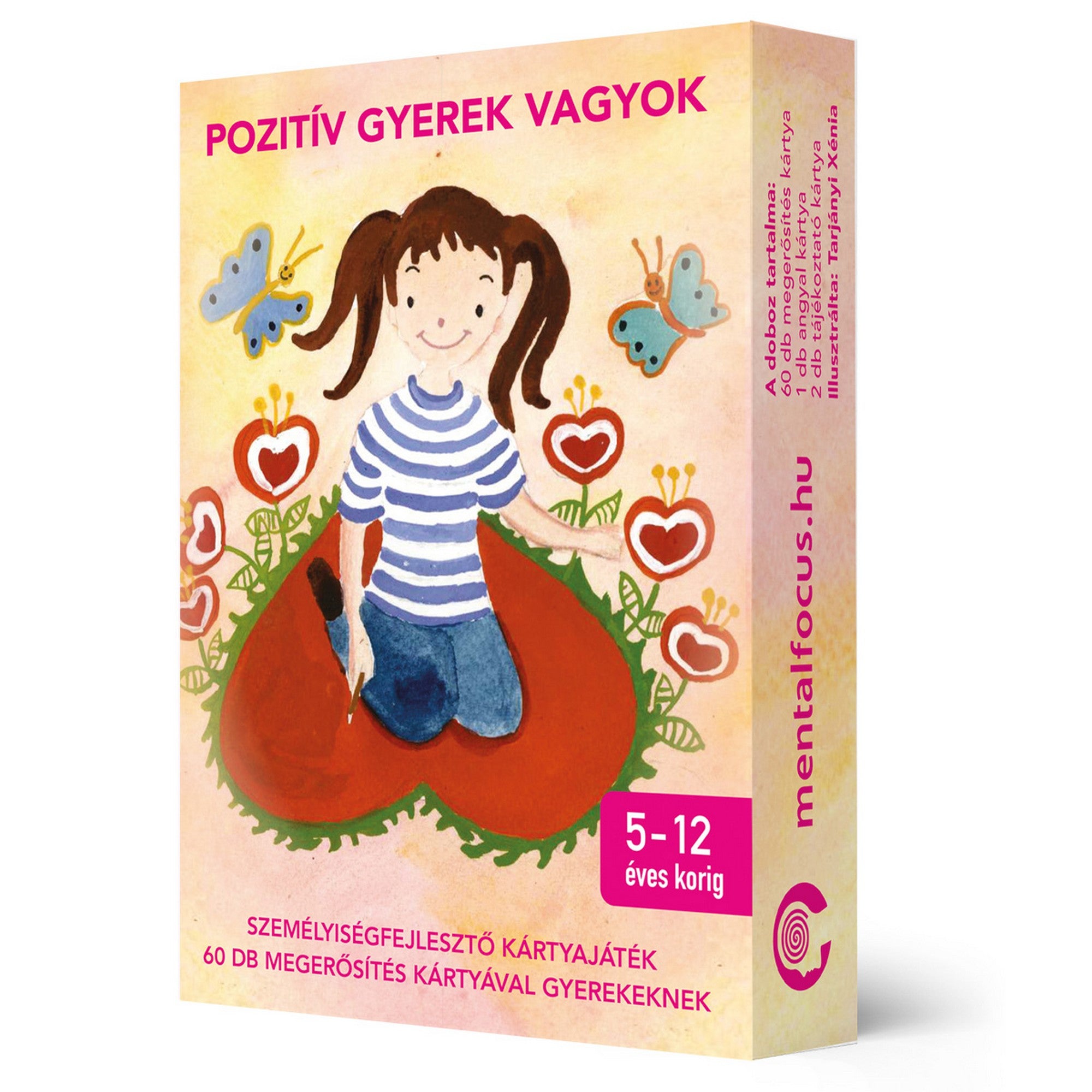 Pozitív gyerek vagyok személyiségfejlesztő kártyajáték doboza, 60 megerősítő kártyával 5–12 éves gyerekeknek.