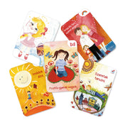 Pozitív gyerek vagyok kártyajáték illusztrált megerősítő kártyái, például „Imádok élni”, „Szeretek tanulni” és „Anya és Apu szeret engem”.