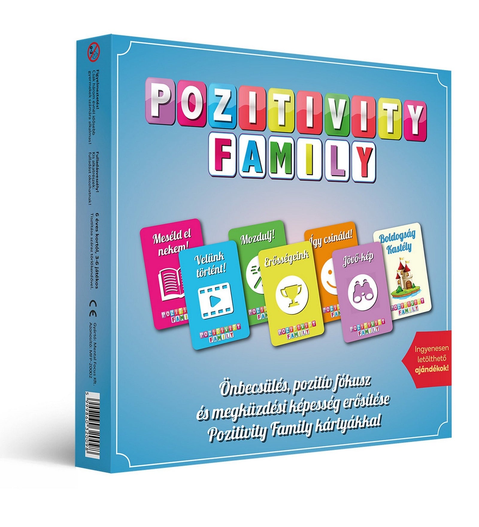 Pozitivity Family családi társasjáték doboza, önbecsülést és pozitív gondolkodást fejlesztő kártyákkal.