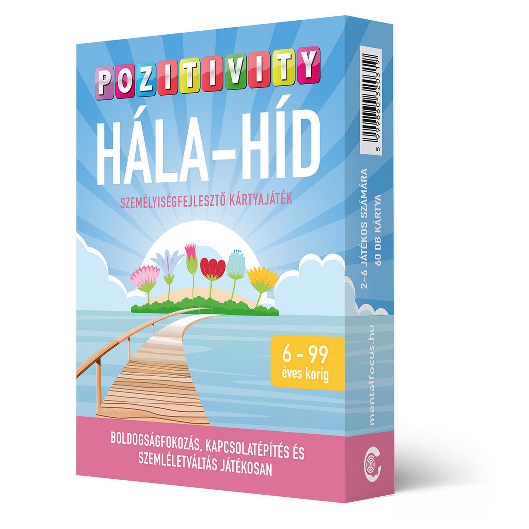 Pozitivity Hála-híd személyiségfejlesztő kártyajáték doboza, 6–99 éveseknek szóló hálagyakorlatos társasjáték.