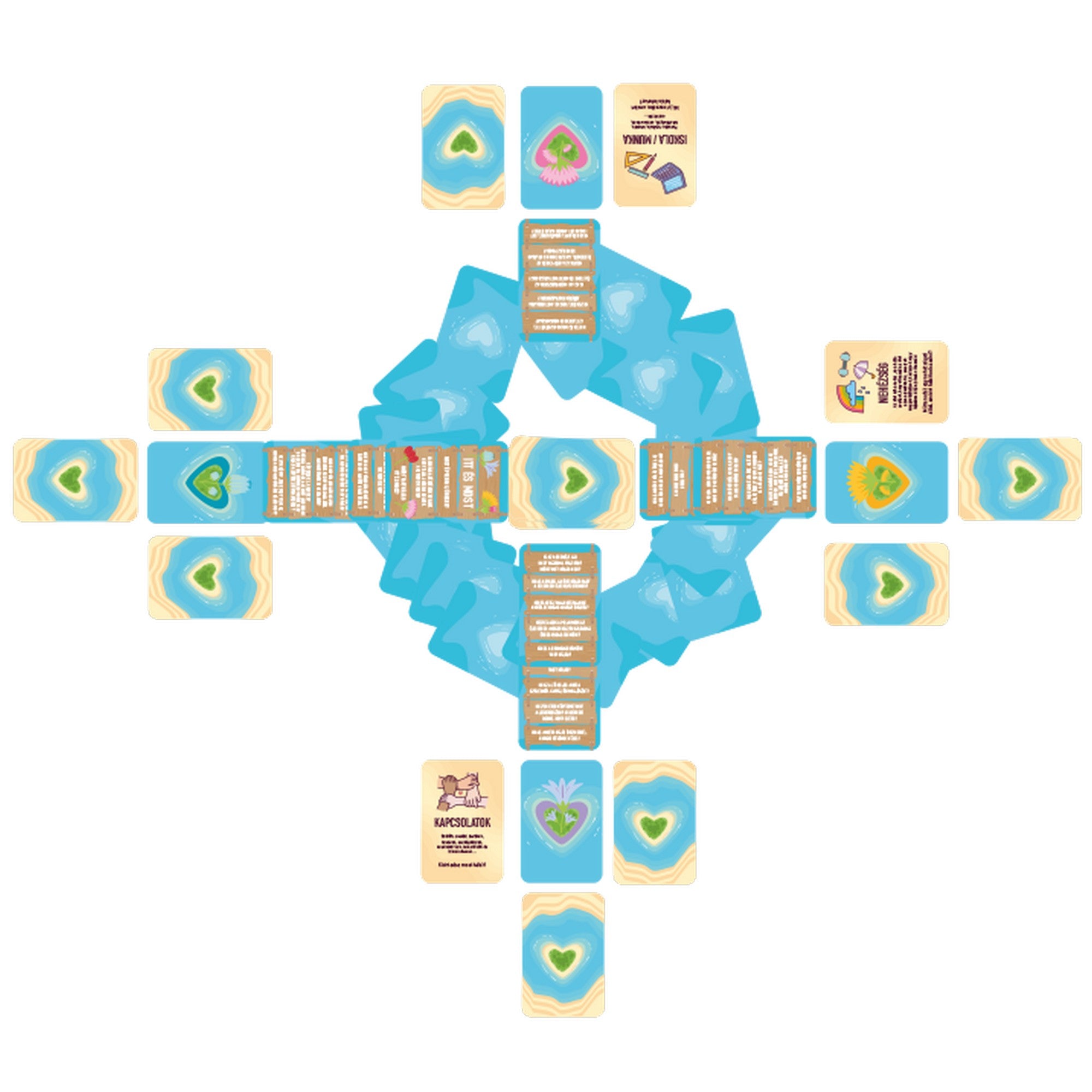 Pozitivity Hála-híd társasjáték elrendezett játékkártyákkal, szív alakú mintákkal és játékmező formában kirakva.