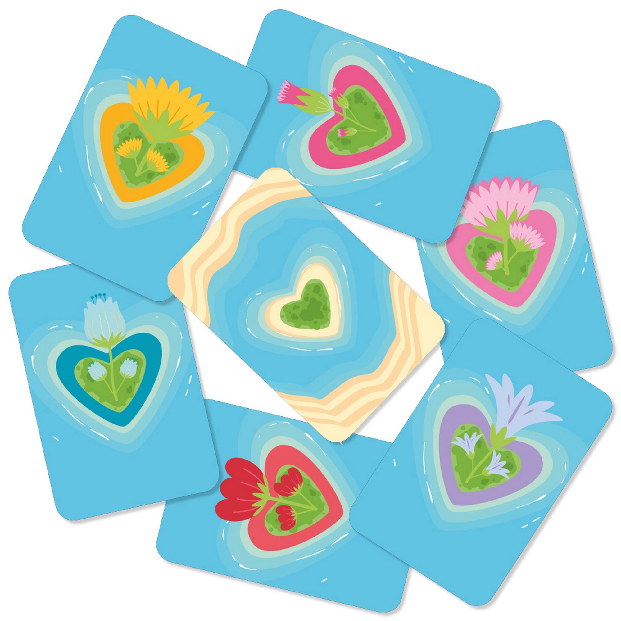 Pozitivity Hála-híd kártyák hátlapjai szív alakú virágmintákkal, kék háttérrel.