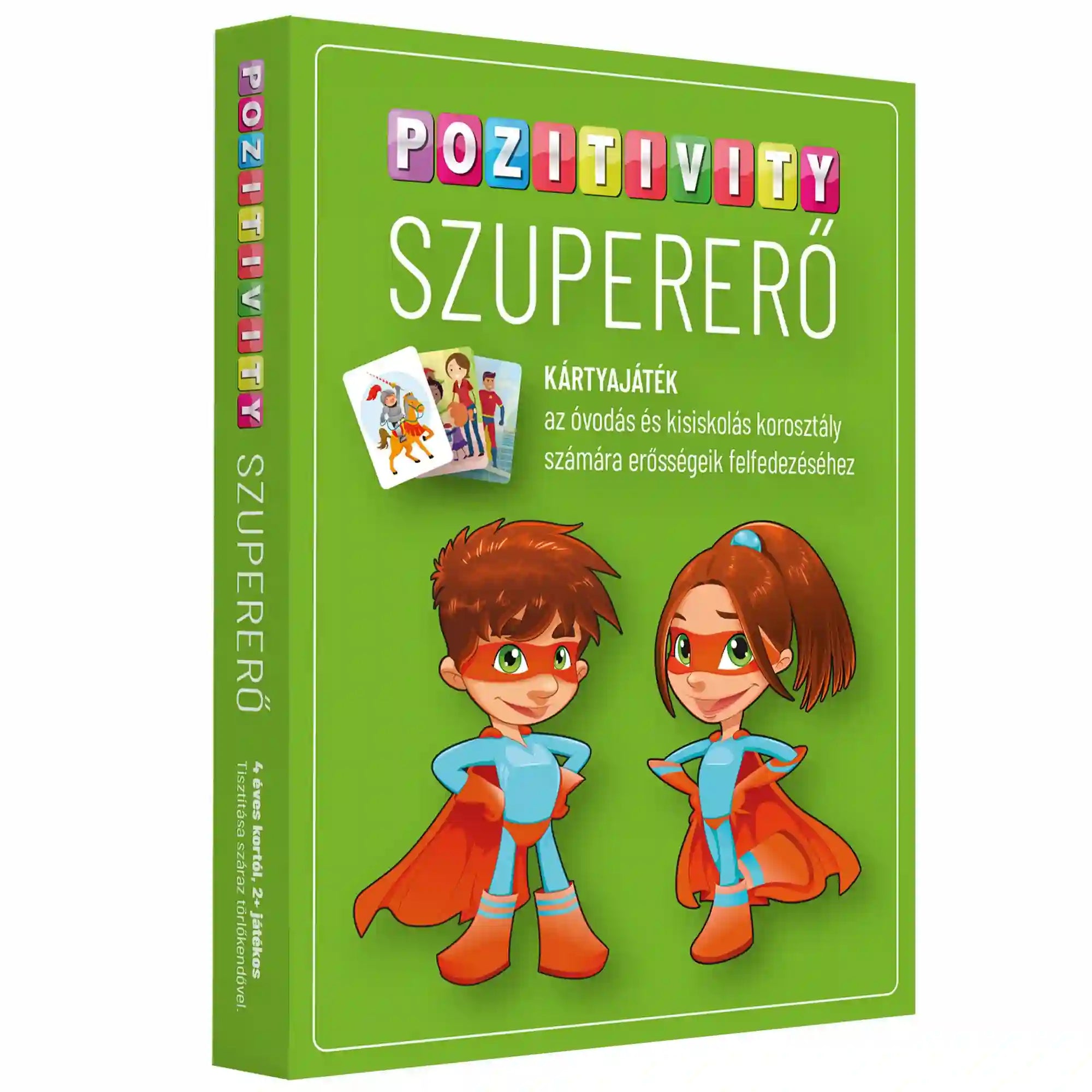 Pozitivity Szupererő kártyajáték doboz: Zöld doboz „Pozitivity Szupererő” felirattal, gyerekeknek szóló fejlesztő kártyajáték erősségek felfedezéséhez.