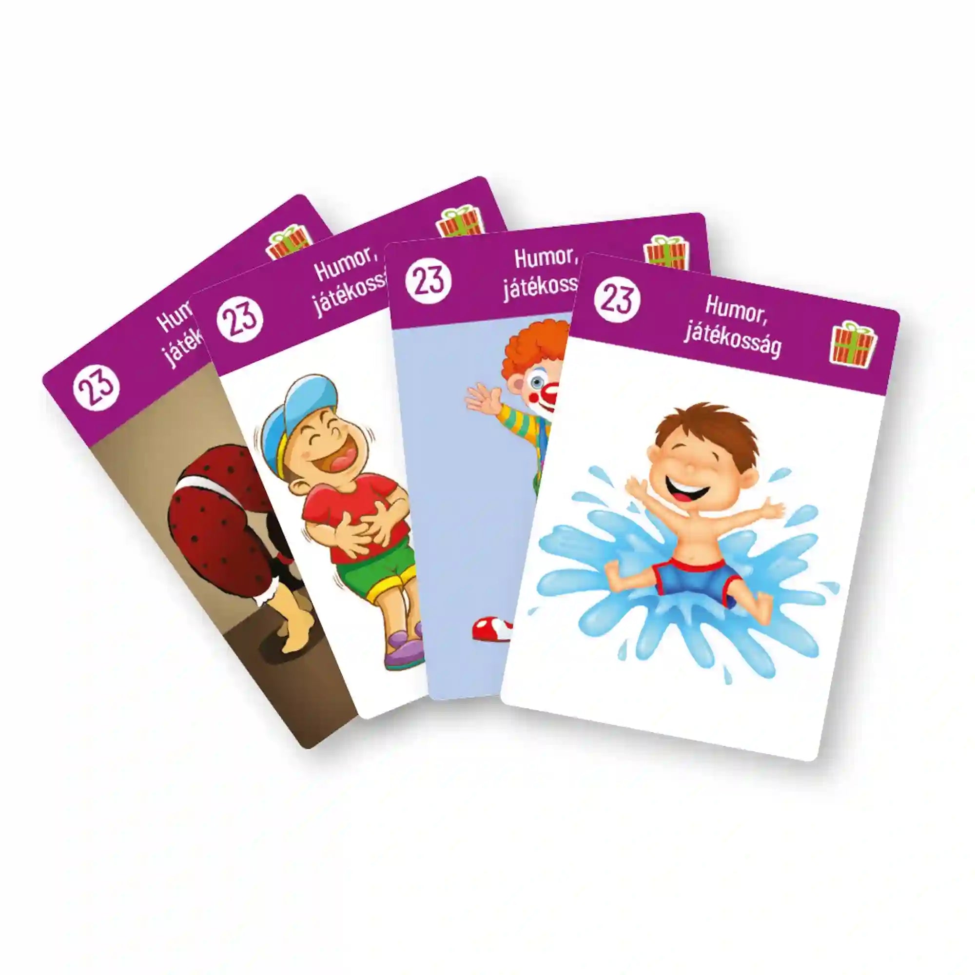 Pozitivity Szupererő kártyajáték – humor és játékosság kártyák: Több kártya vidám gyerek illusztrációkkal, nevetés és játékos jelenetek ábrázolásával.